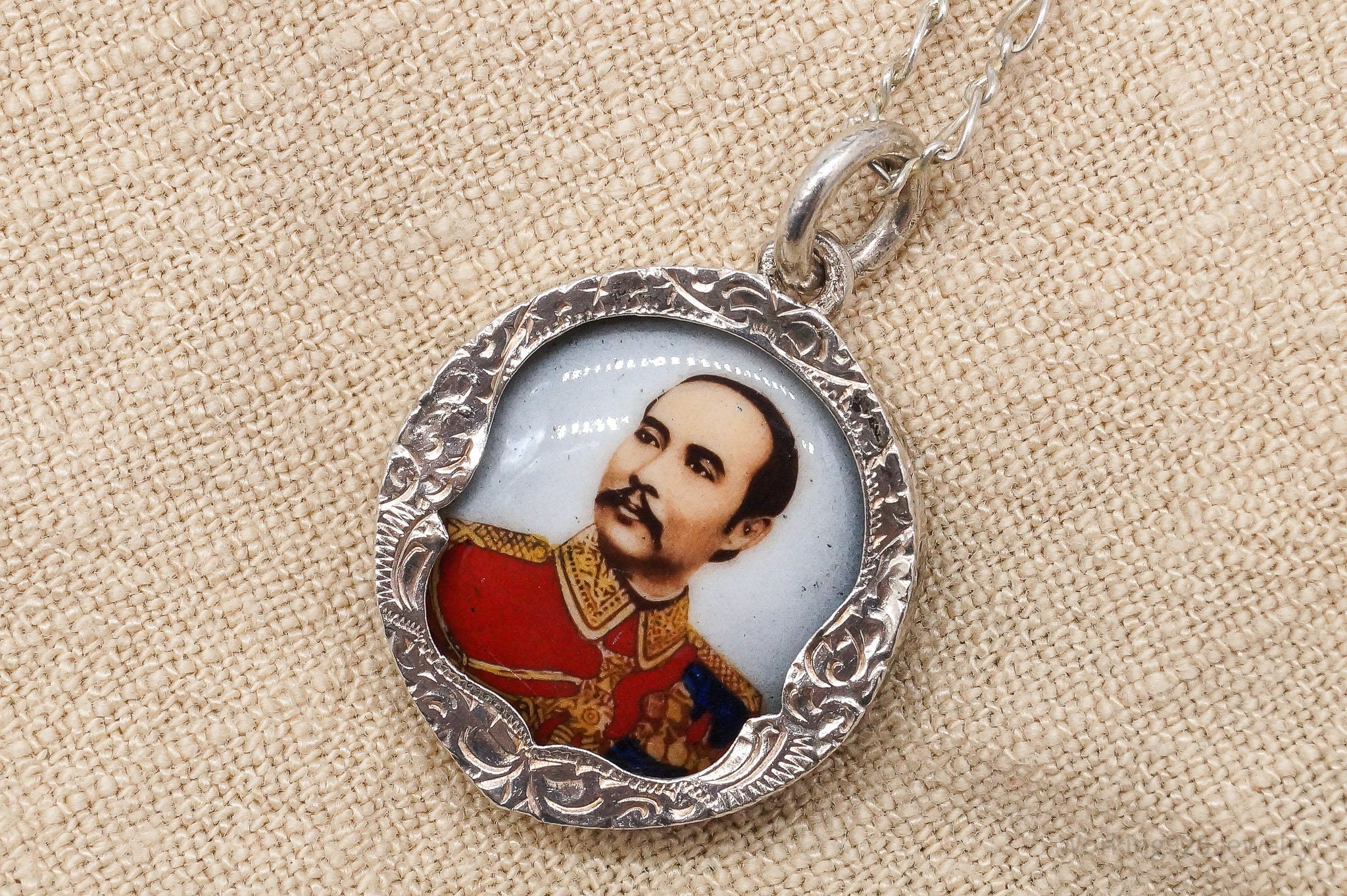 Vintage King Rama V King Of Siam Portrait Sterling Silver Necklace 18"