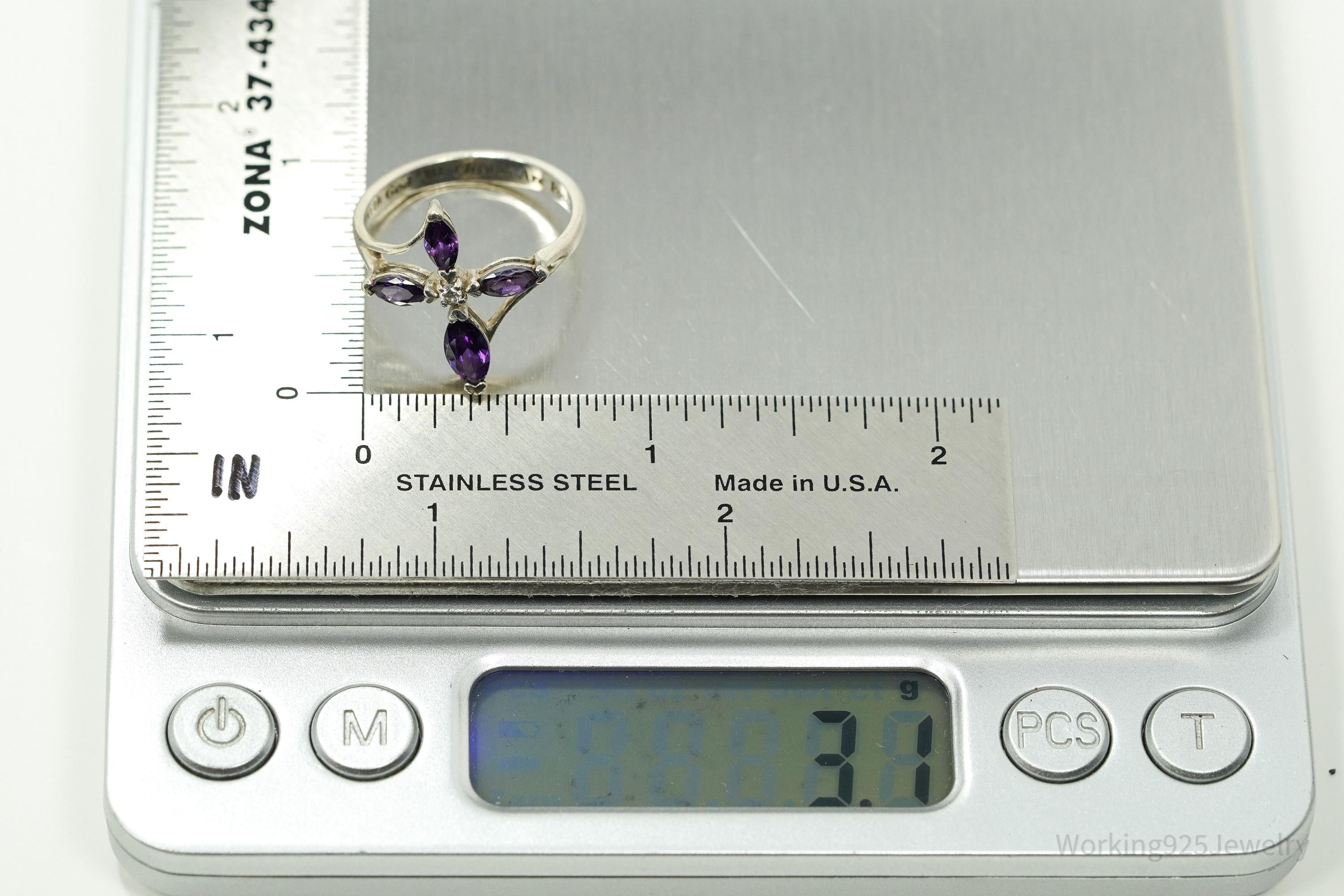 Vintage Amethyst "With God All Things Are Possible" White Sapphire Cross Sterling Silver Ring - Size 8