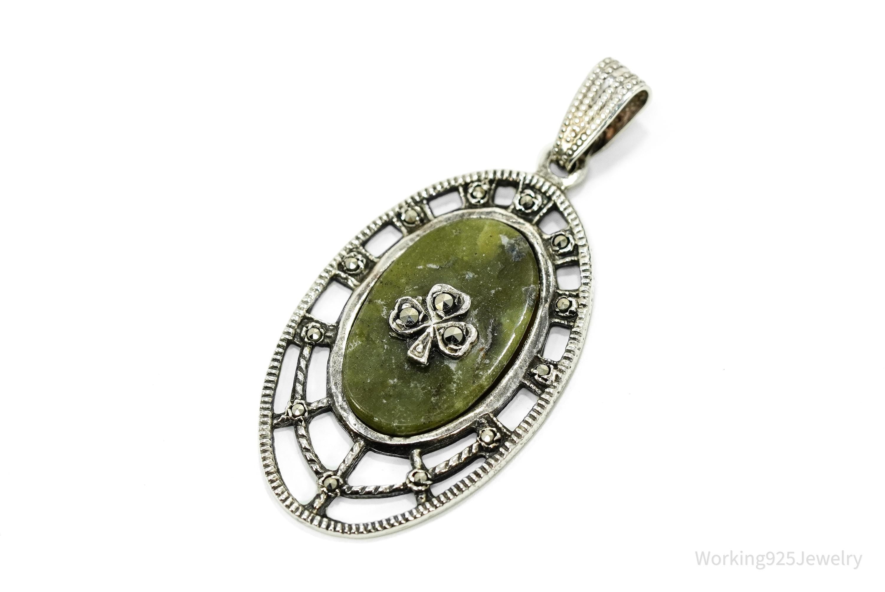 Vintage Irish Connemara Marble & Marcasite Sterling Silver Clover Pendant