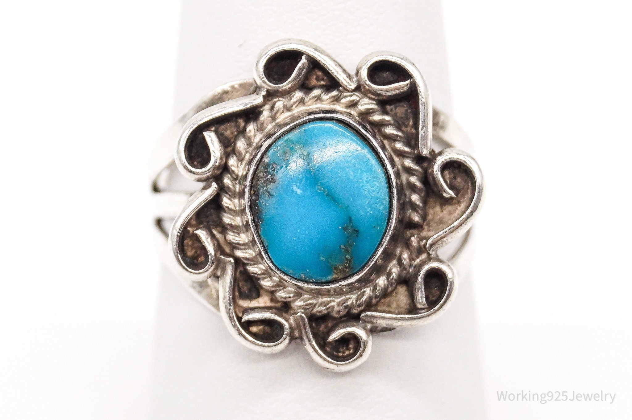 Vintage Native American Turquoise Unsigned Sterling Silver Ring - Size 7