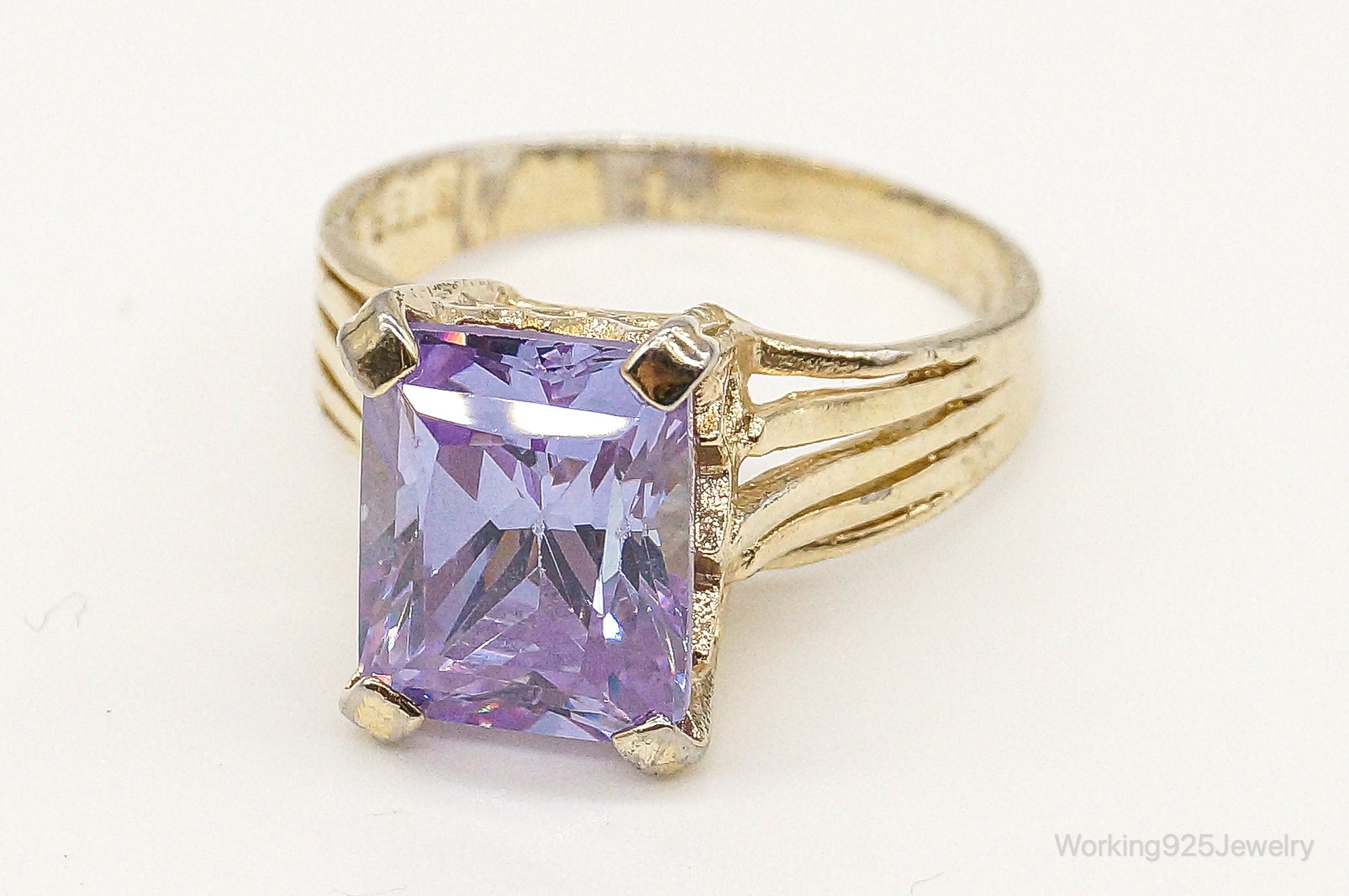 Vintage Purple & White Cubic Zirconia Gold Vermeil Sterling Silver Ring - Size 6