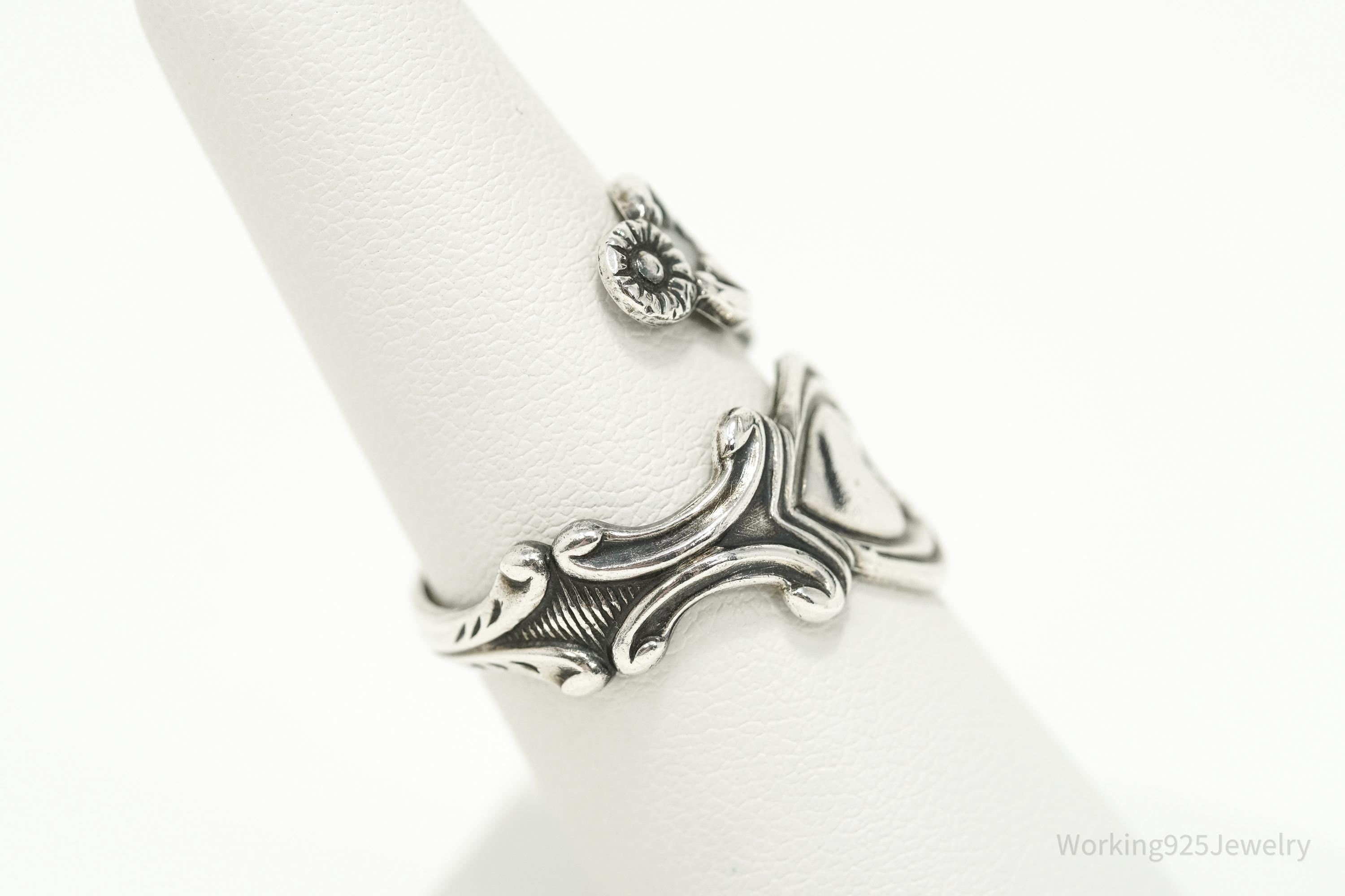 Vintage Avon Hearts & Flowers Sterling Silver Adjustable Wrap Spoon Ring - Size 7.5