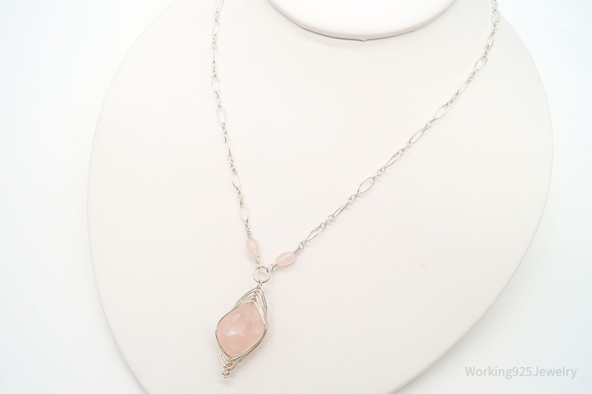 Vintage Large Rose Quartz Filigree Silver Necklace