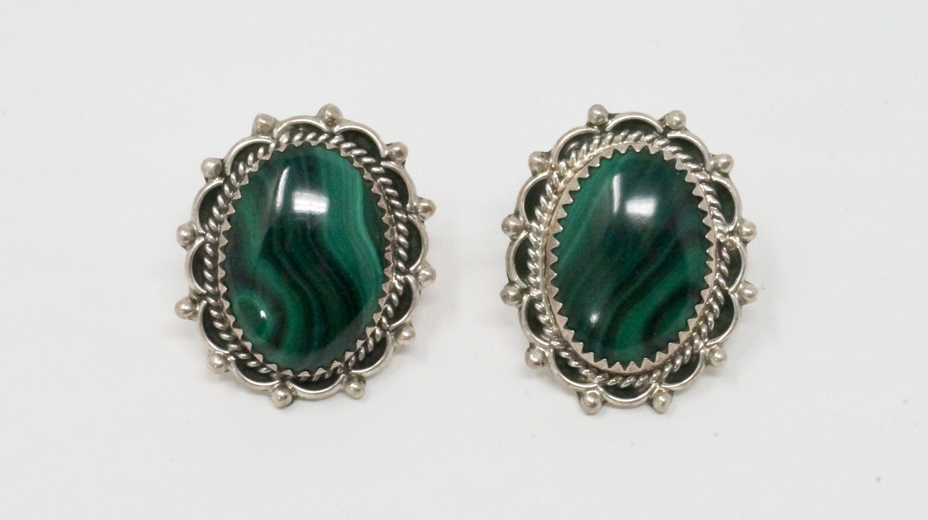 Vintage Native American Signed QQ Malachite Rope Post Sterling Silver Earrings