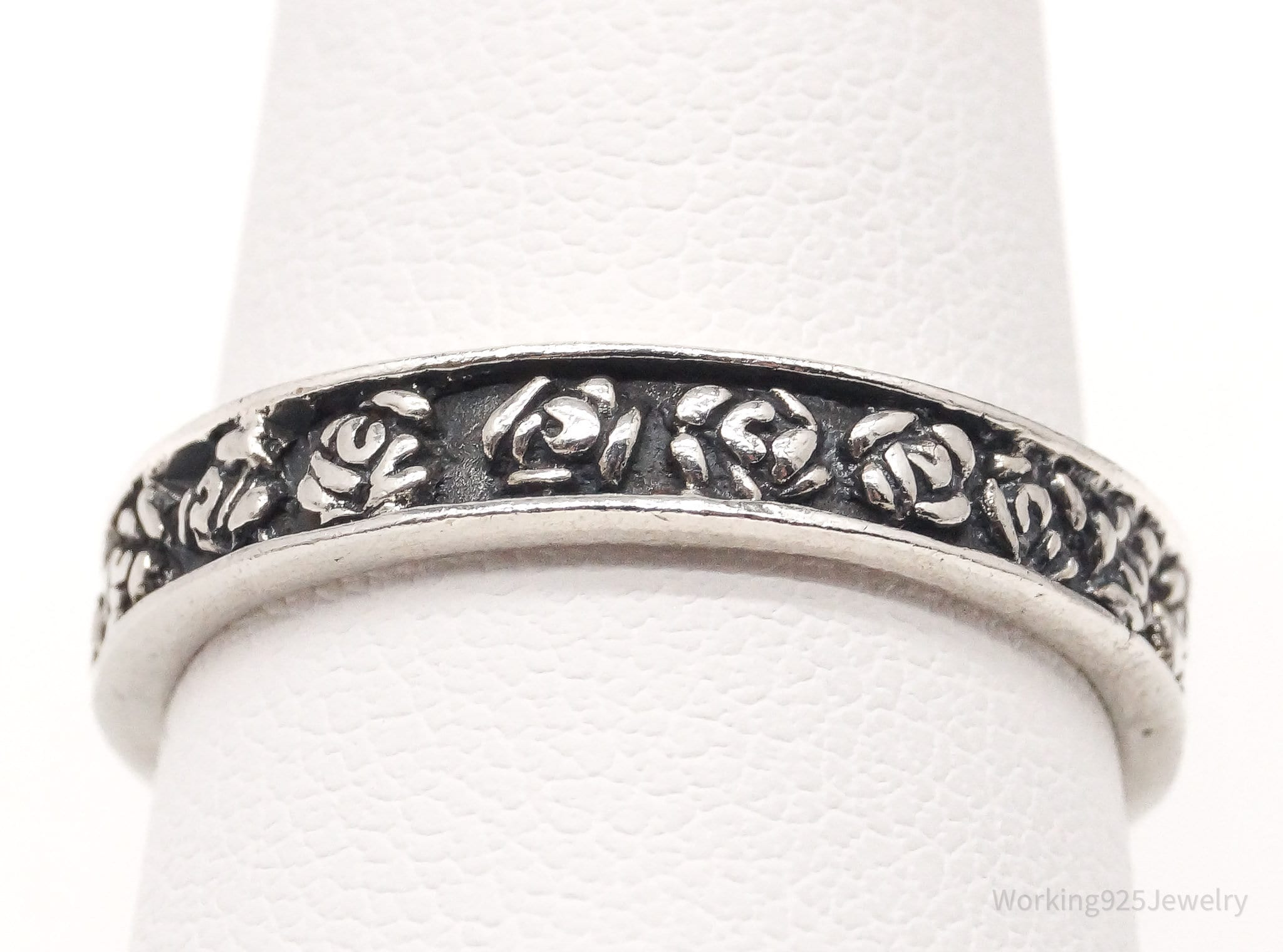 Vintage Sterling Silver Roses Band Ring - Size 9