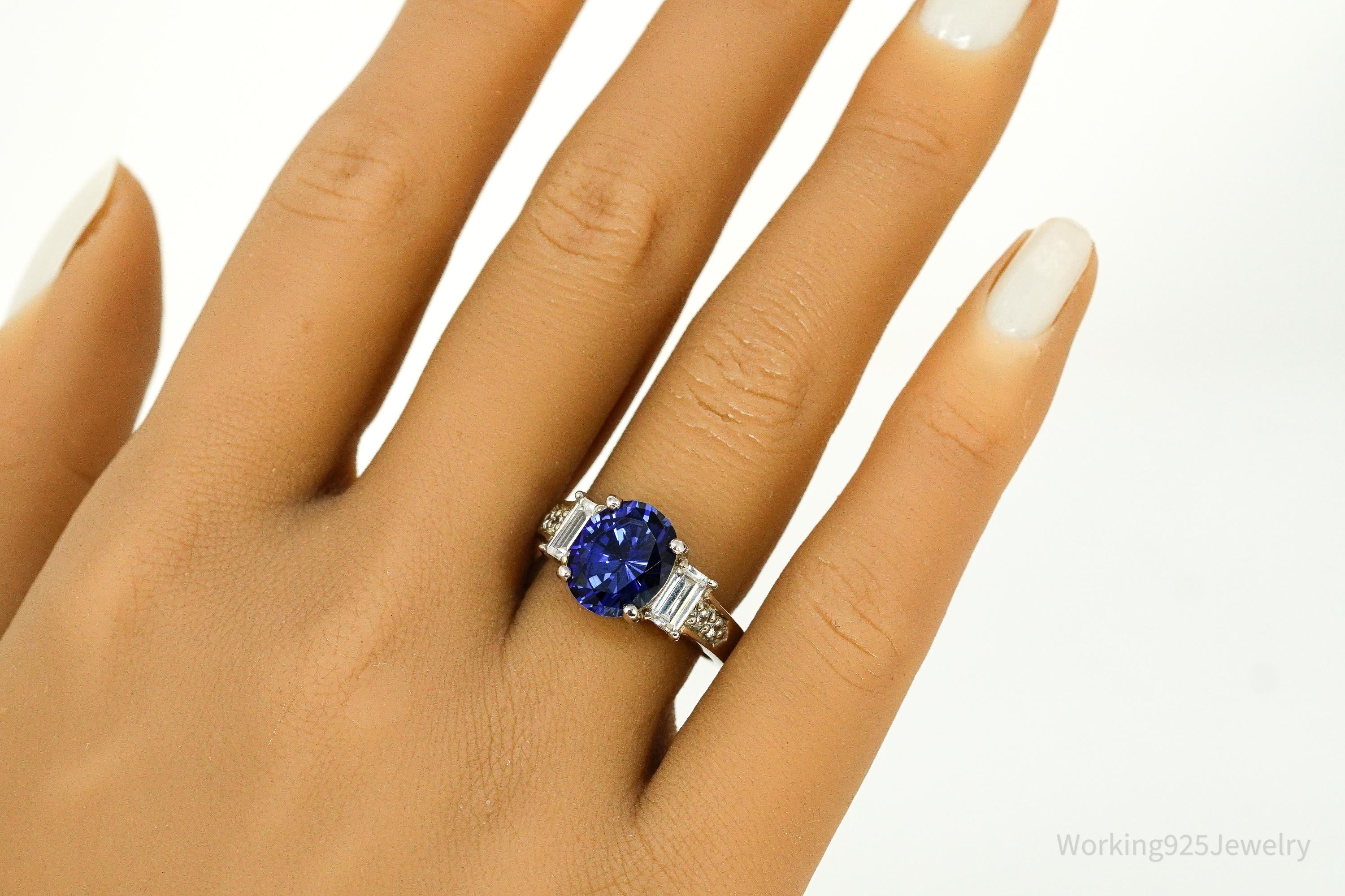Vintage Lab Sapphire & Diamonique Cubic Zirconia Sterling Silver Ring - Size 8.25