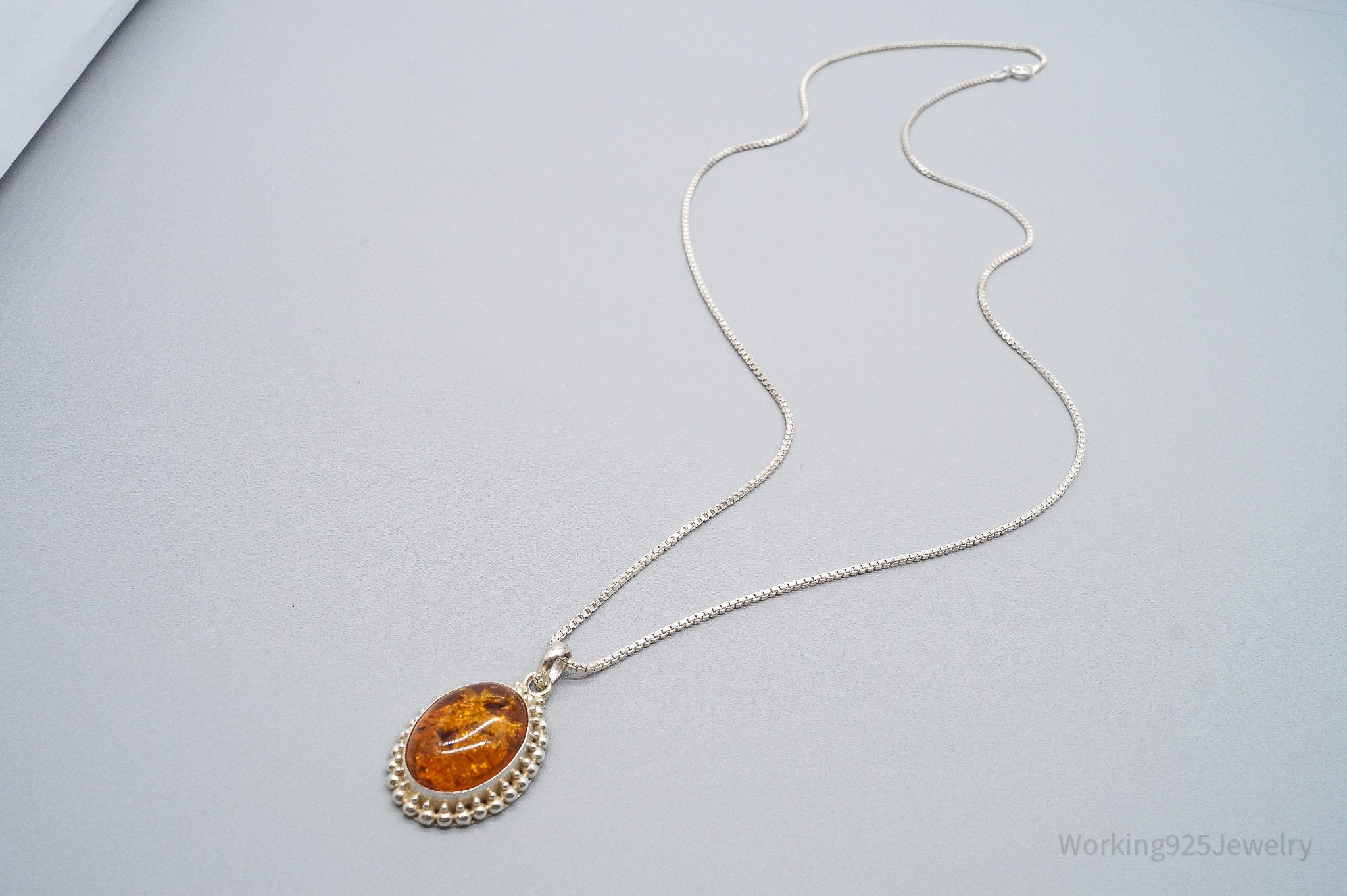 Vintage Large Amber Sterling Silver Chain Necklace 24"