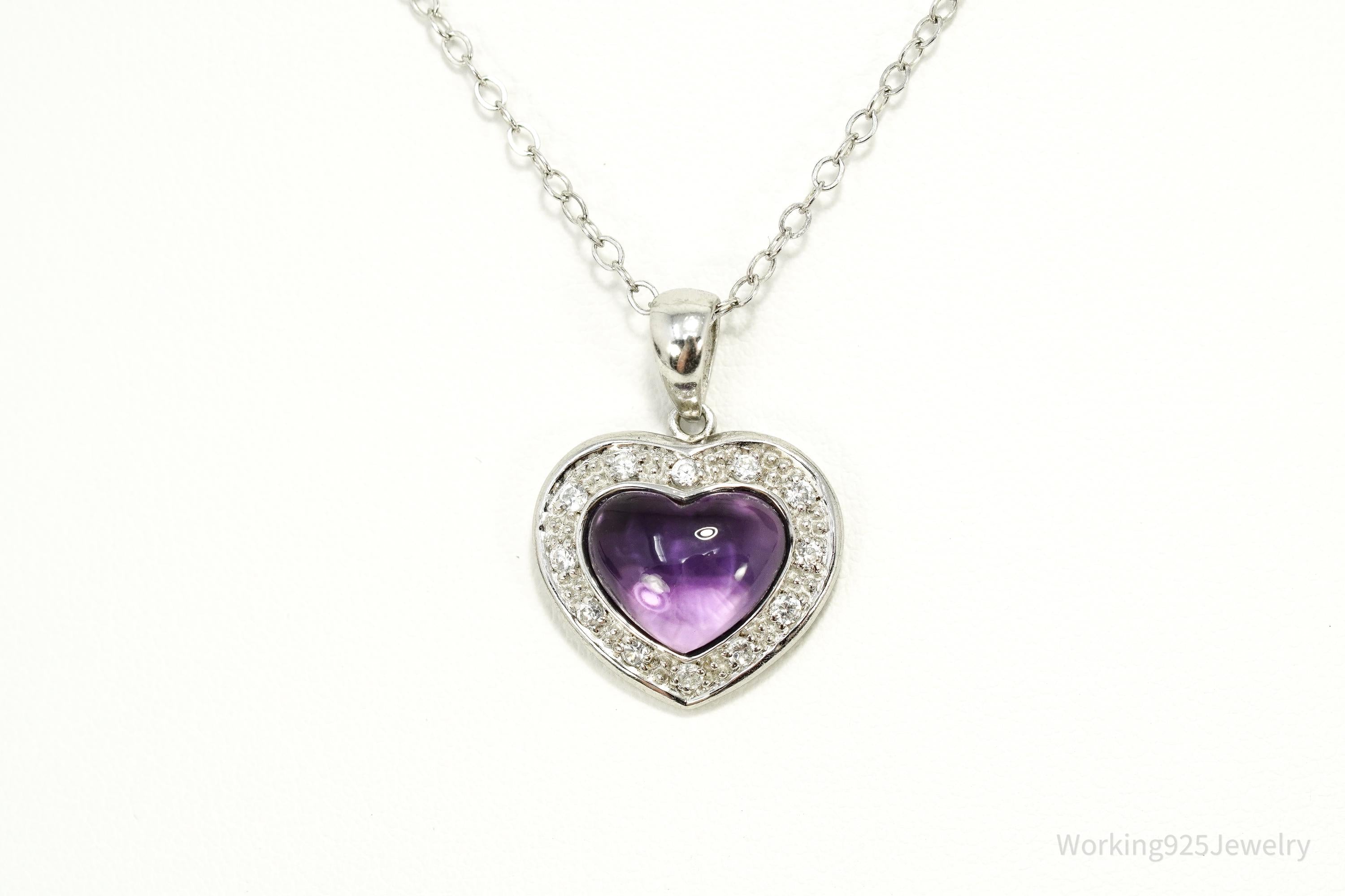 Vintage Amethyst & Cubic Zirconia Sterling Silver Heart Chain Necklace 20"