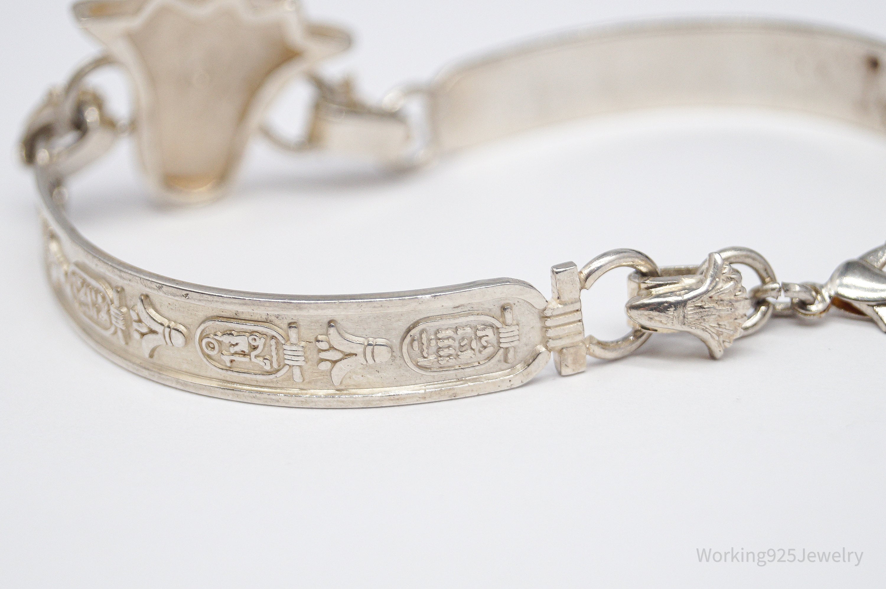 Vintage Egyptian Enamel Lotus & Cartouche Silver Bracelet - 7.25"
