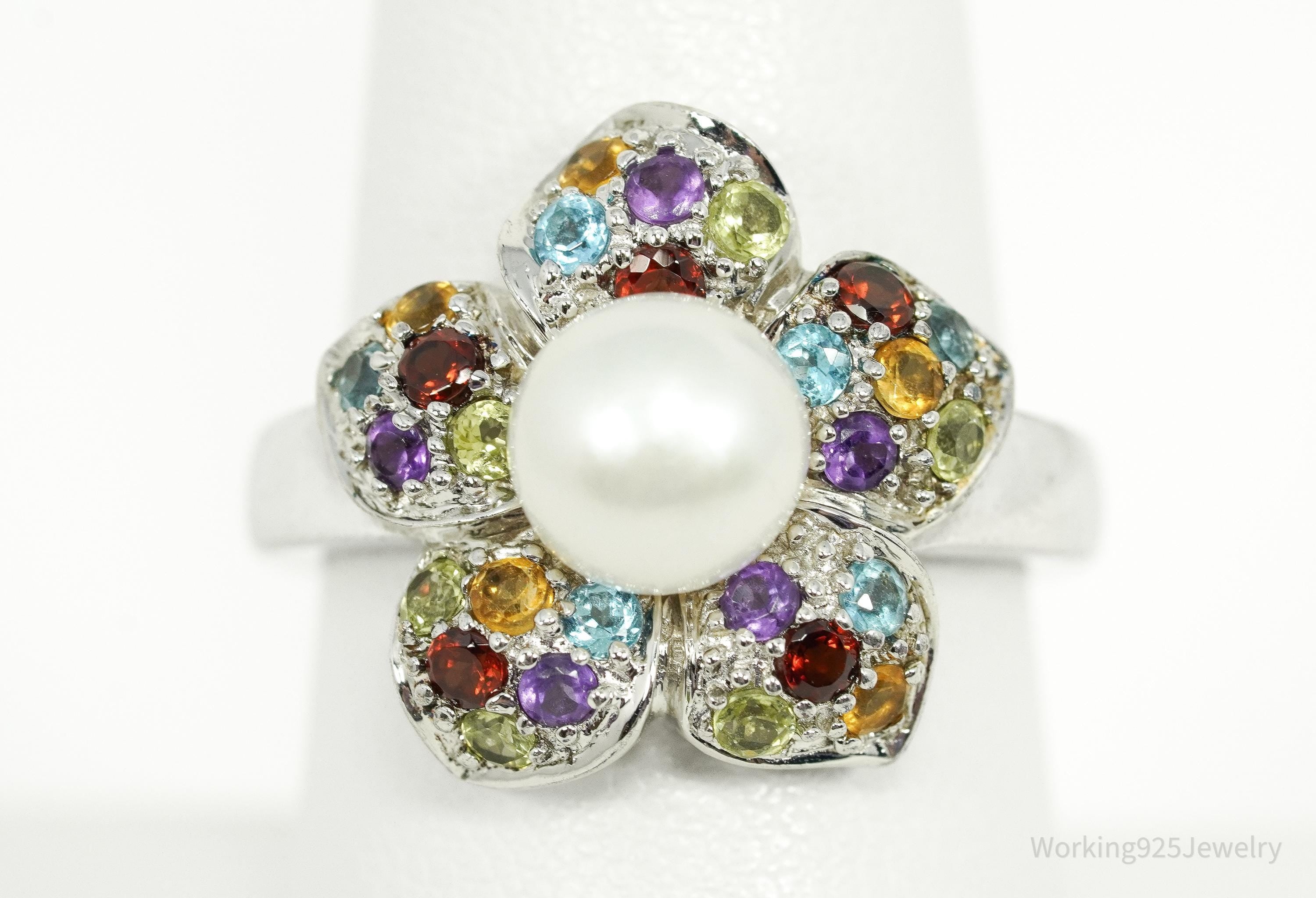 Vintage Designer Pearl & Multi Gem Sterling Silver Ring - Size 8