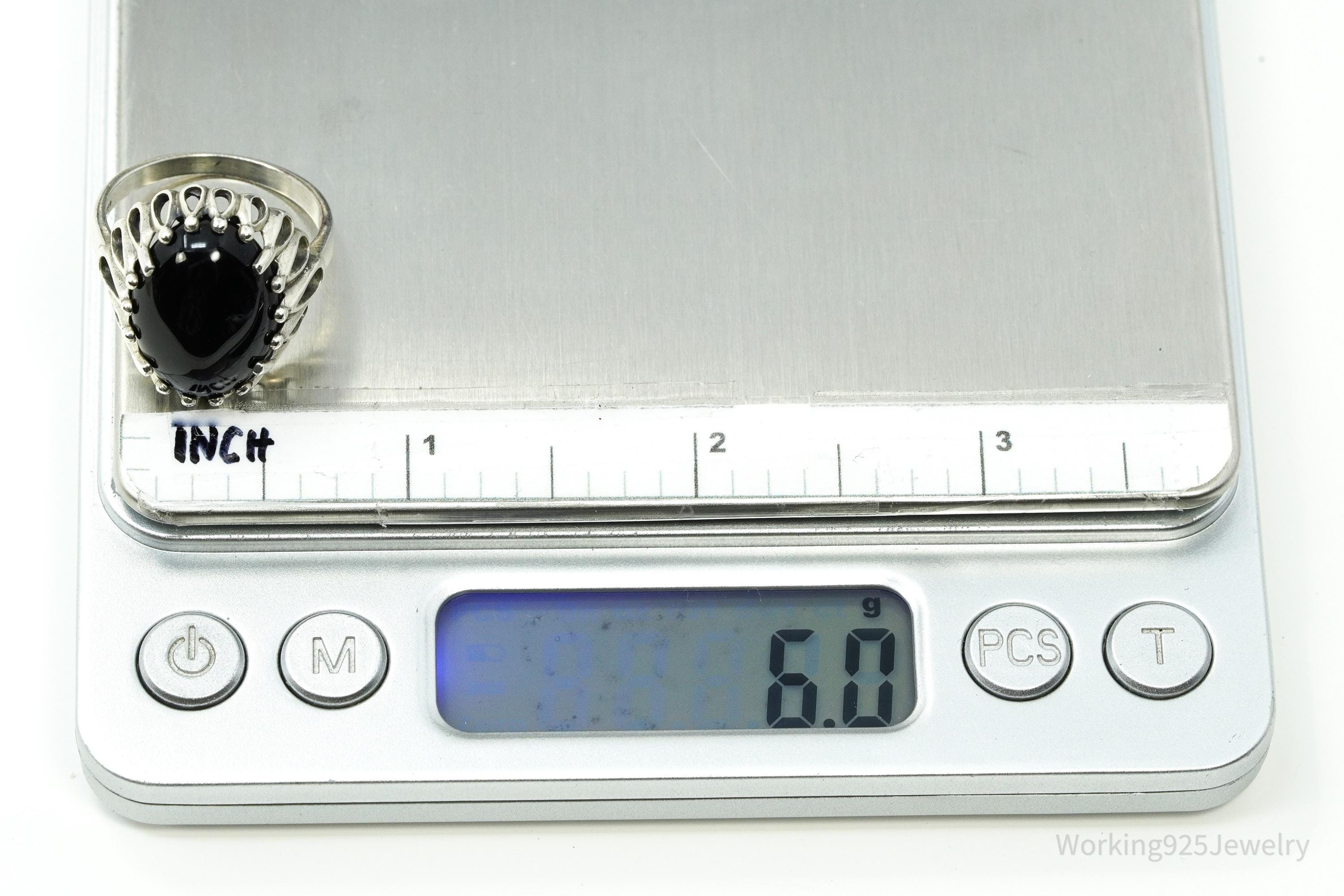 Vintage Designer Kabana Black Onyx Sterling Silver Ring - Size 9.25