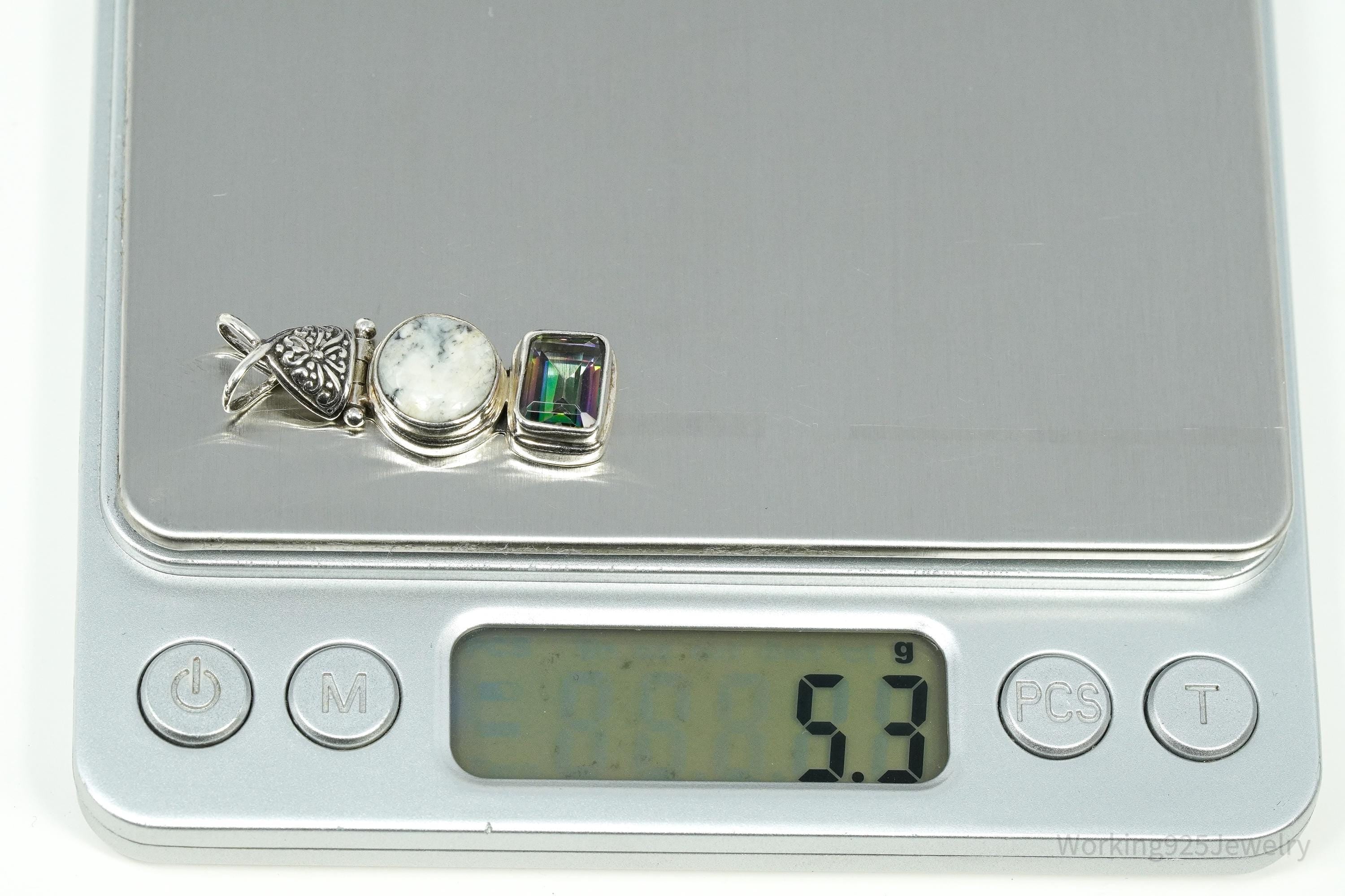 Vintage Bali Designer SARDA Mystic Topaz & Granite Sterling Silver Pendant 1 3/8"