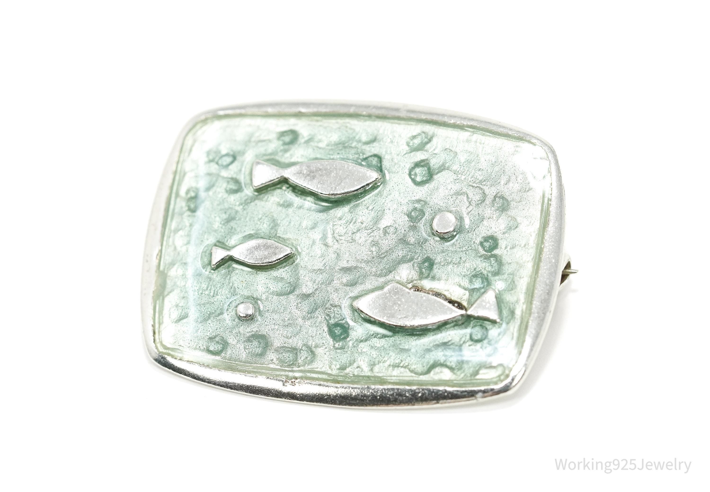 Rare Vintage Fish Enamel Modernist Sterling Silver Brooch Pin