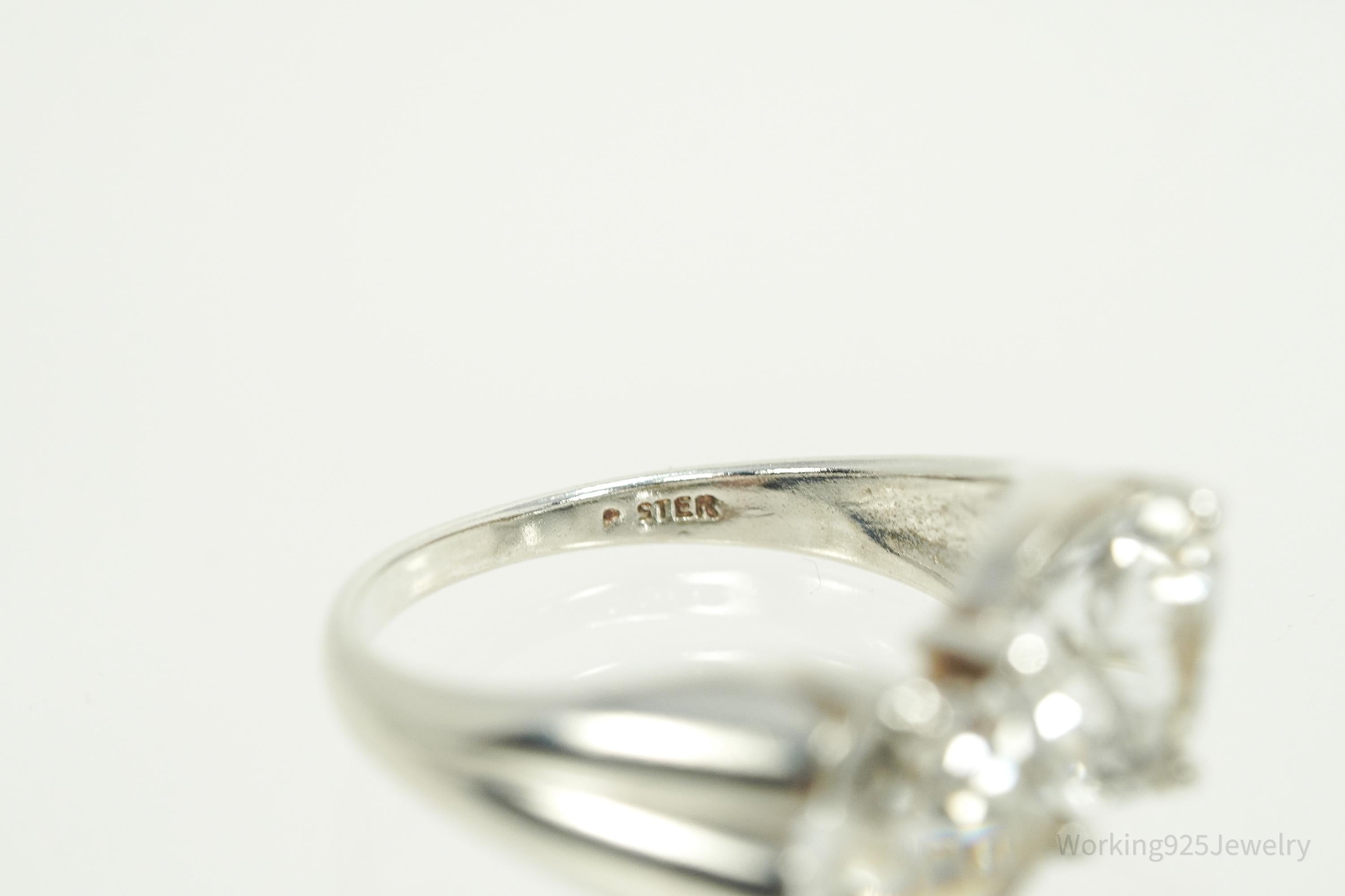 Vintage White Topaz Linked Hearts Sterling Silver Ring - Size 6