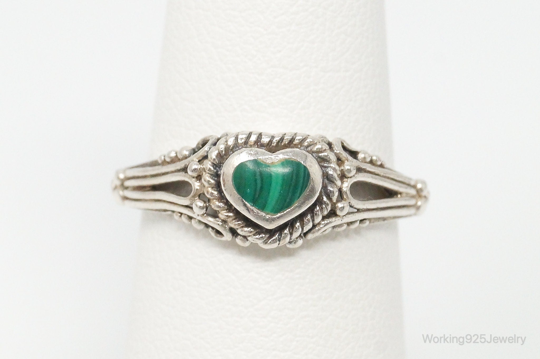 Vintage Malachite Heart Sterling Silver Ring Size 6
