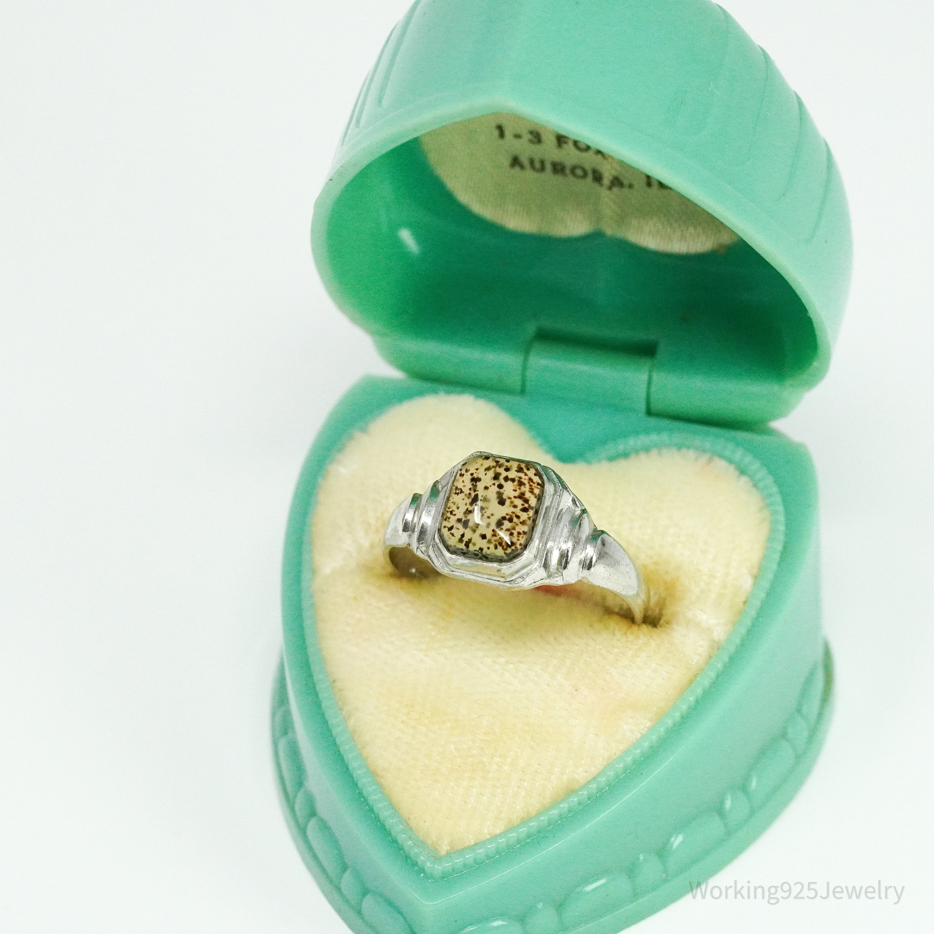 Antique Edwardian Ostby & Barton Moss Agate Sterling Silver Ring Size 7.5