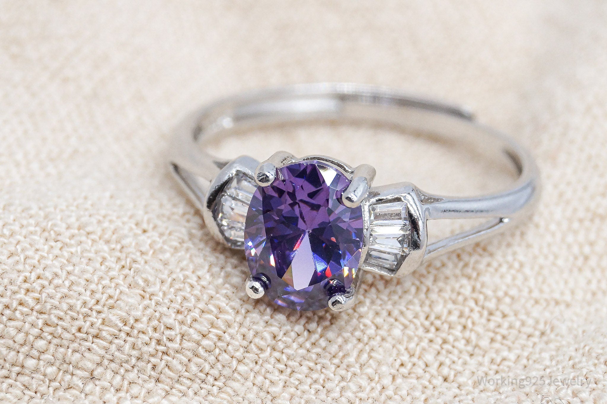 Vintage Purple & White Cubic Zirconia Sterling Silver Ring Size 8.5 Adjustable