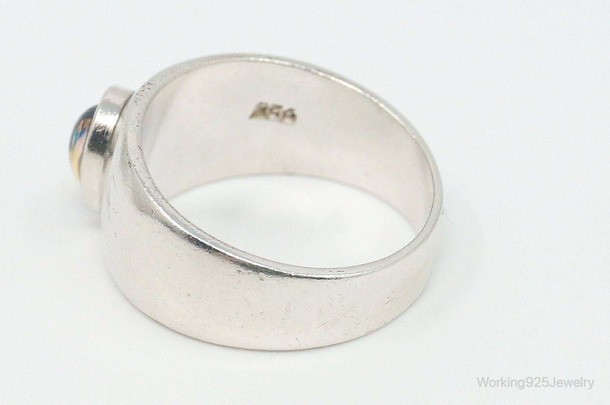 Vintage Mexico Glass Modernist Sleek Sterling Silver Ring - Size 8.75