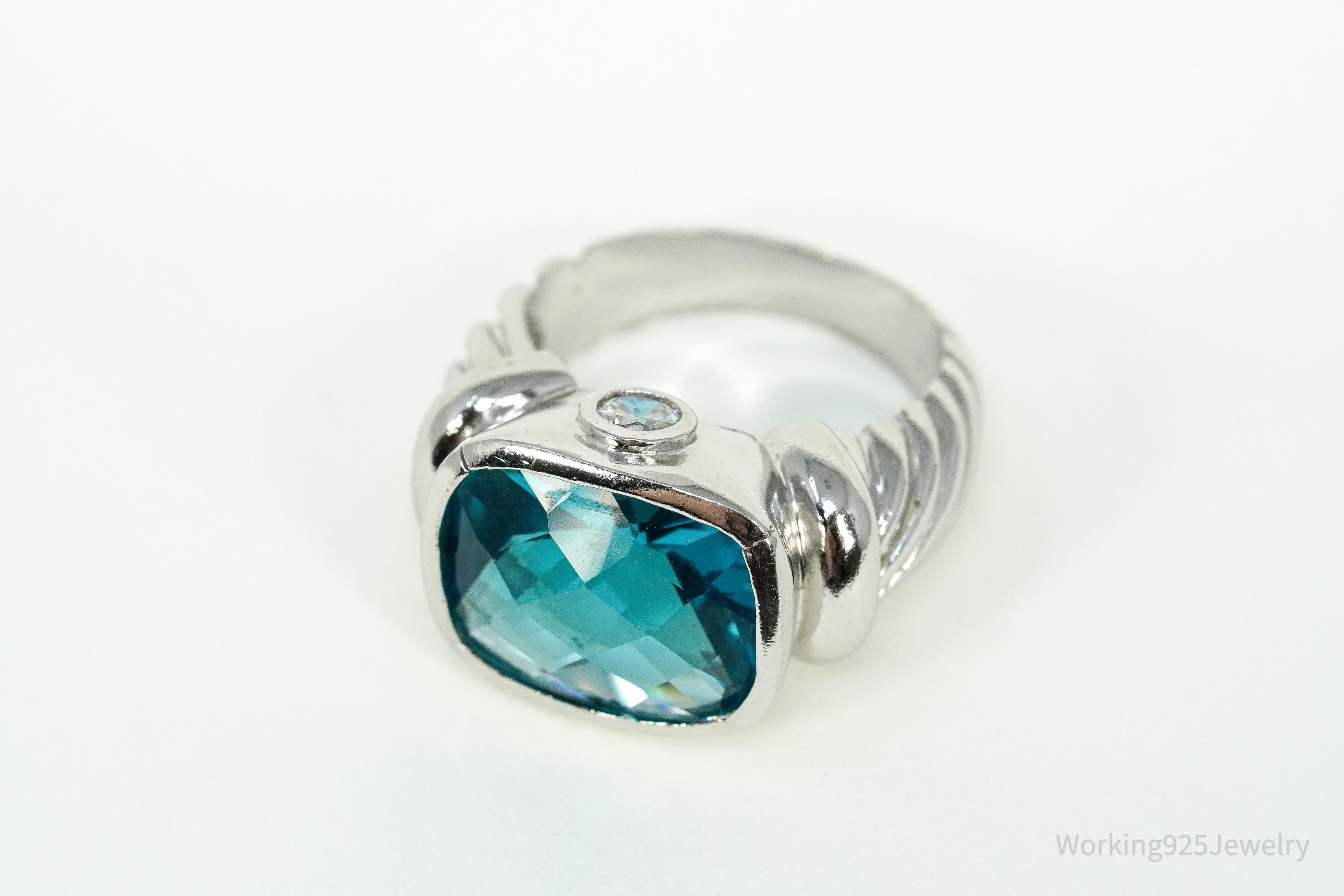 Vintage Blue And White Cubic Zirconia Sterling Silver Ring - Size 8.5