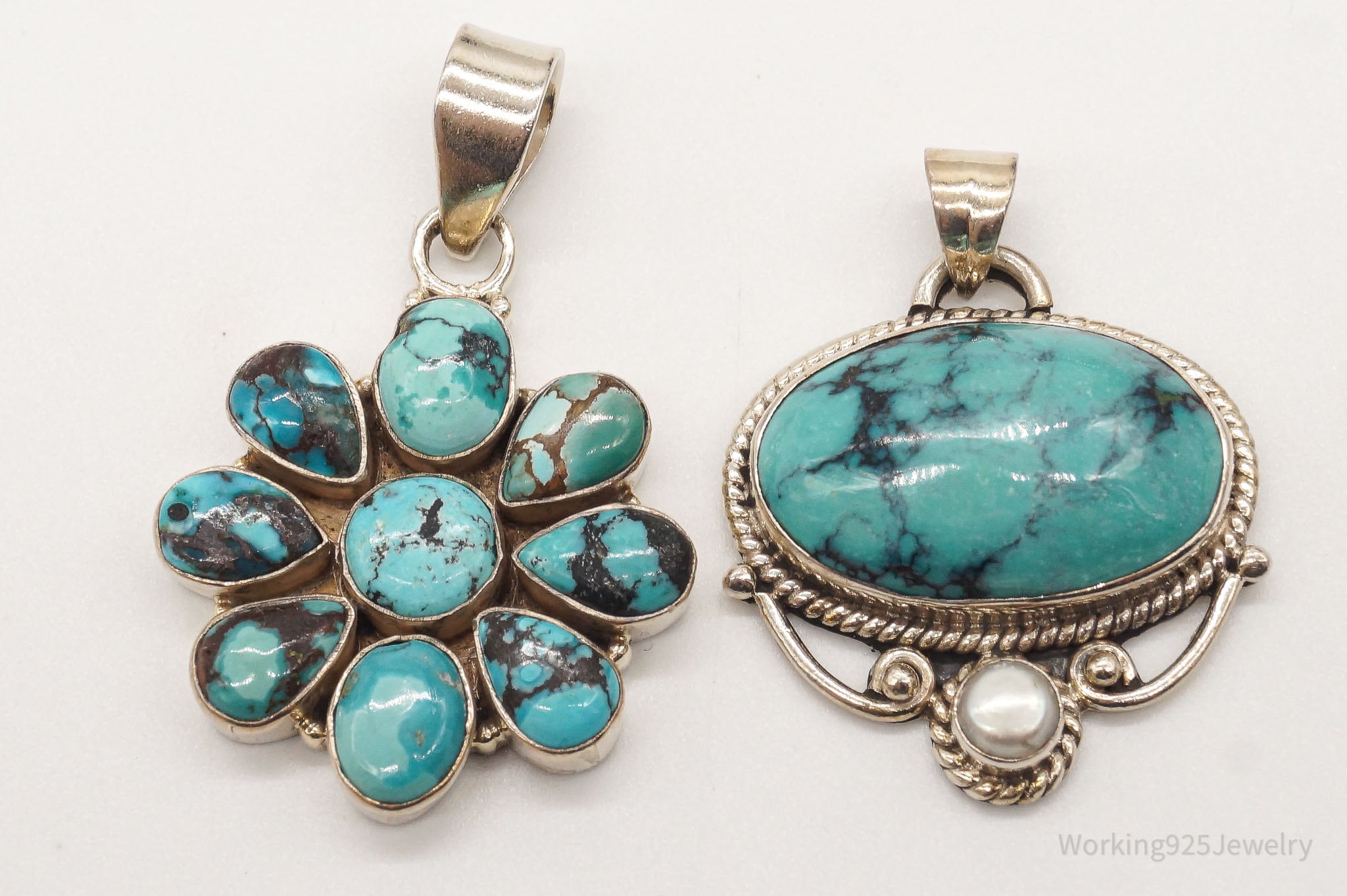 Vintage Turquoise Pearl Bali Style Sterling Silver Pendant Set