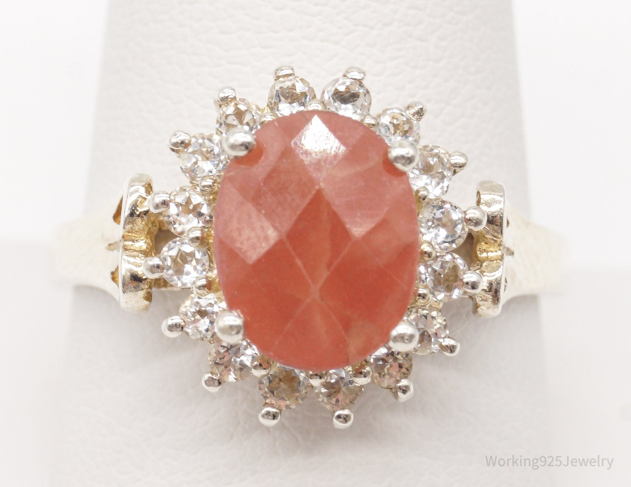 Vintage Peach Stone Cubic Zirconia Sterling Silver Ring - Size 9.75