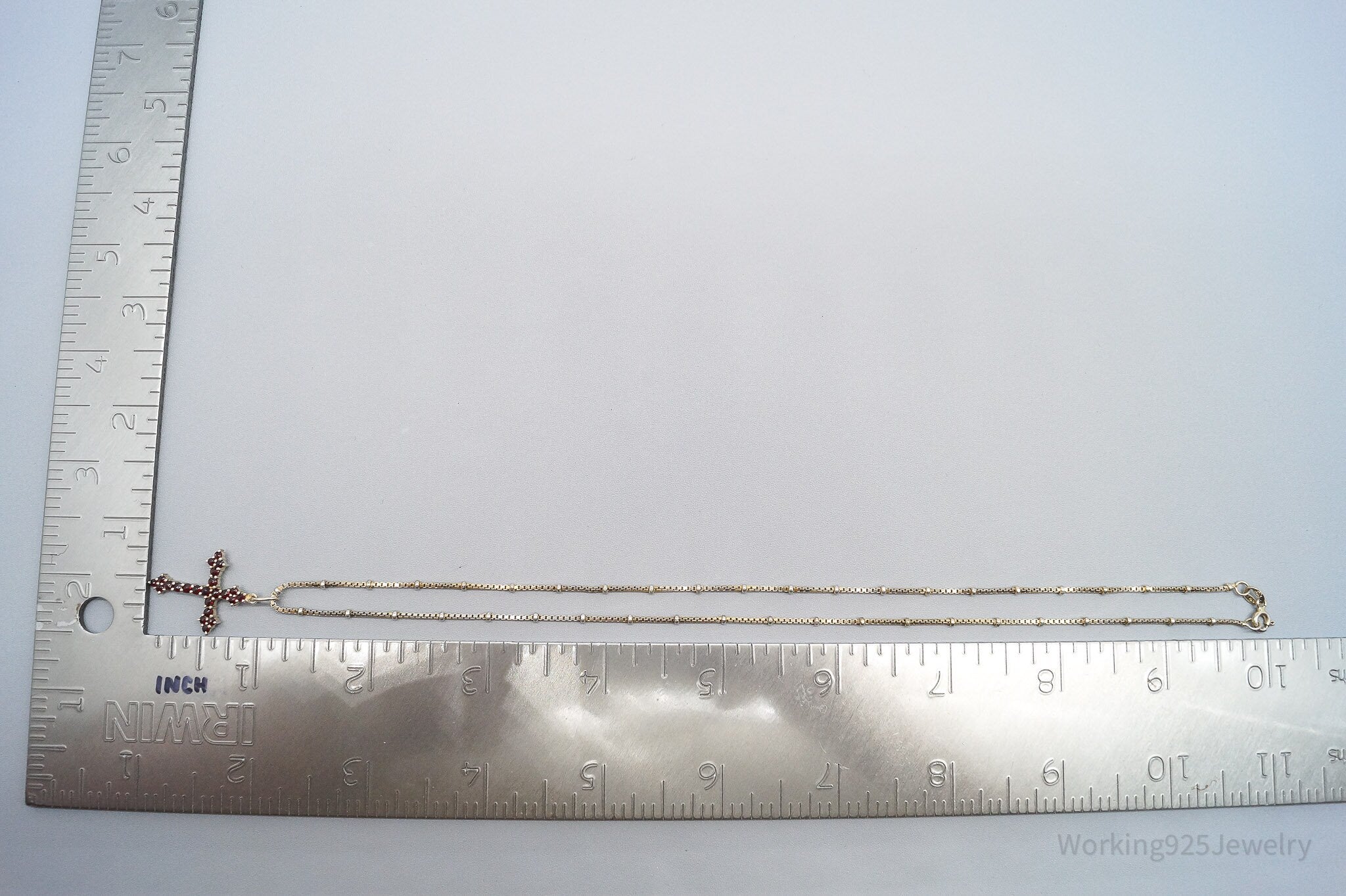 Antique Bohemian Garnet Gold Silver Cross Pendant Sterling Silver Necklace 18"