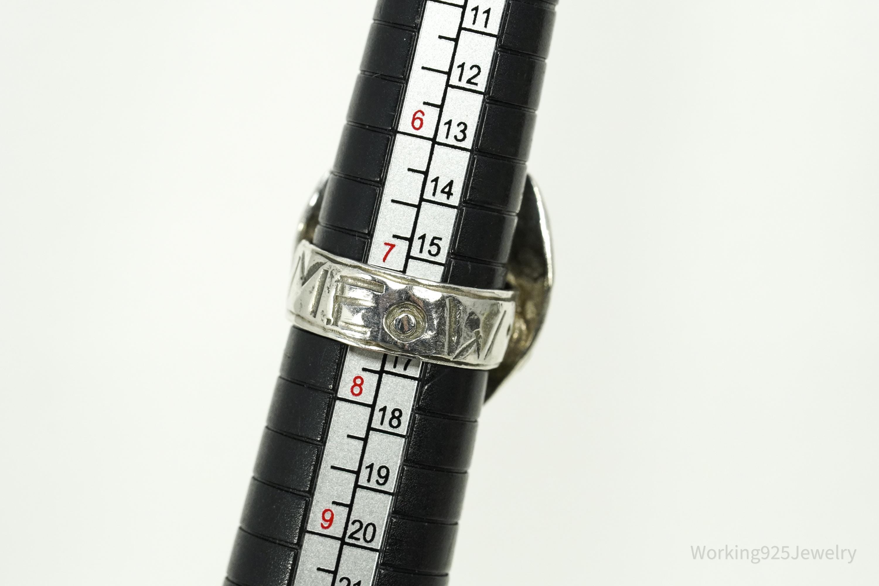 Vintage Large Cat Face With Evil Eye Motif Silver Ring - Size 7.5