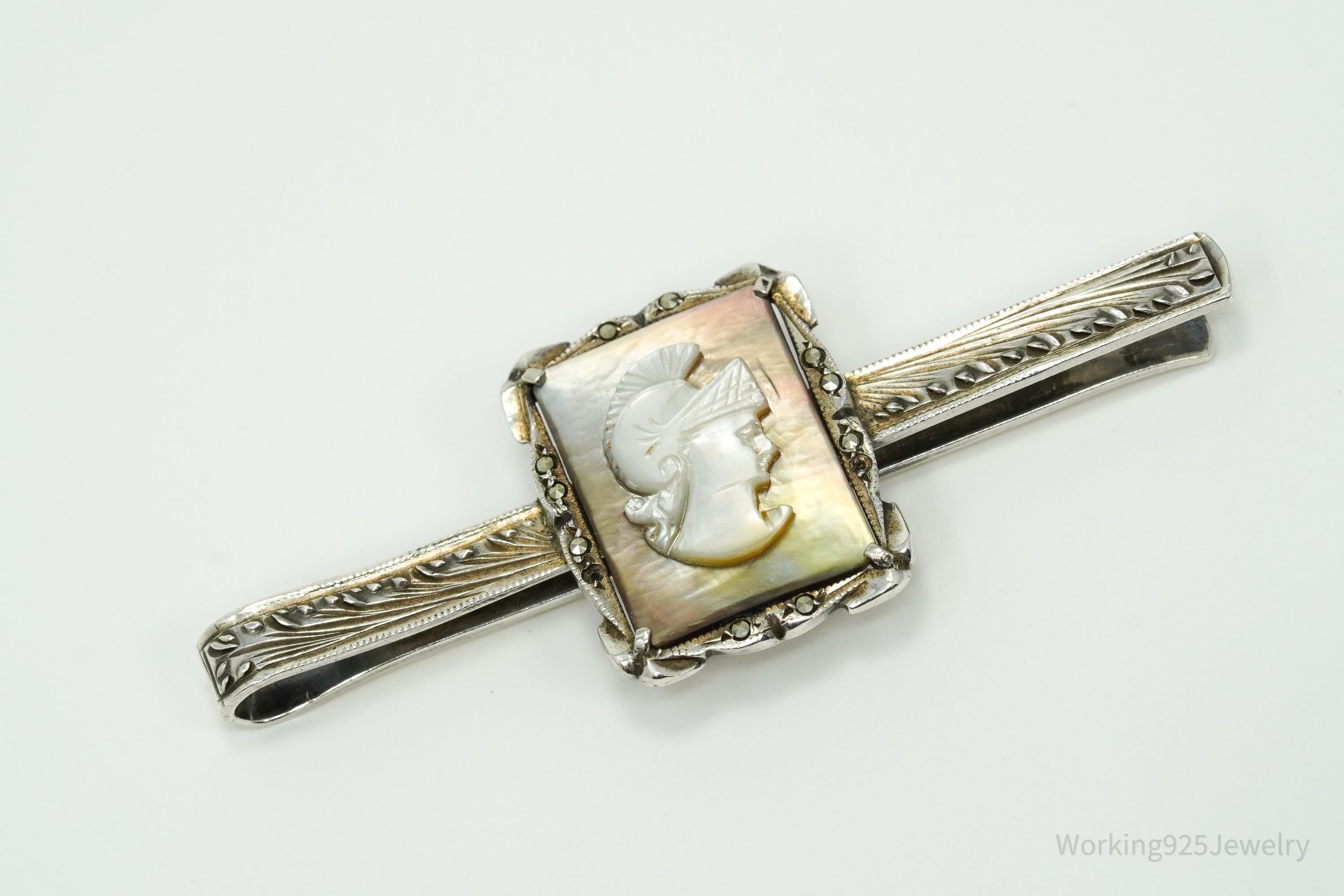 Antique Victorian 800 Silver Mother of Pearl Cameo And Marcasite Warrior Tie Clip