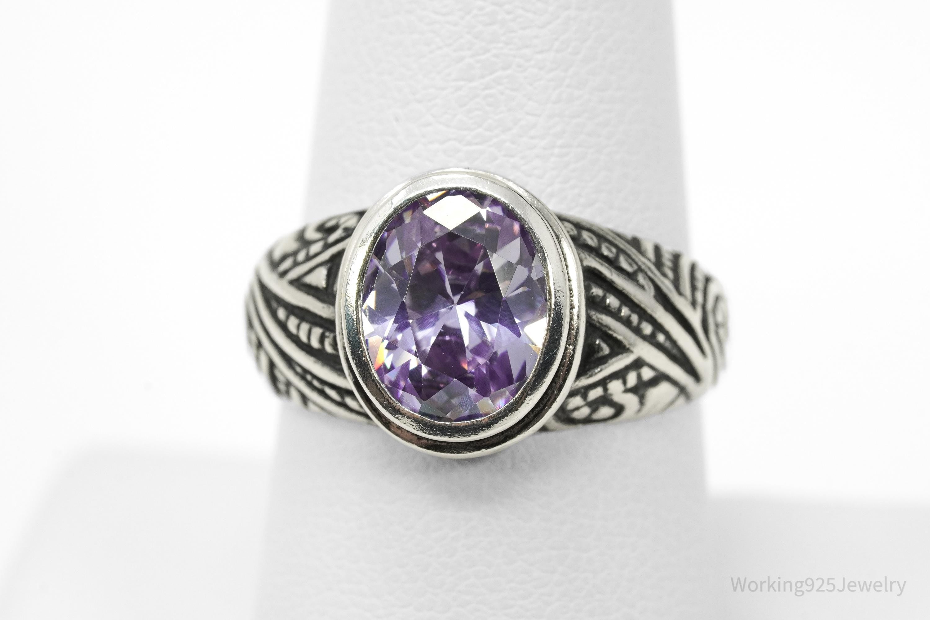 Vintage Purple Cubic Zirconia Sterling Silver Ring - Size 8