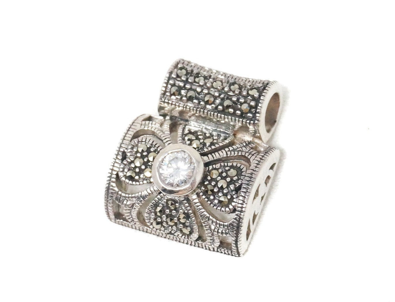 Vintage Marcasite Art Deco Cubic Zirconia Sterling Silver Necklace Pendant