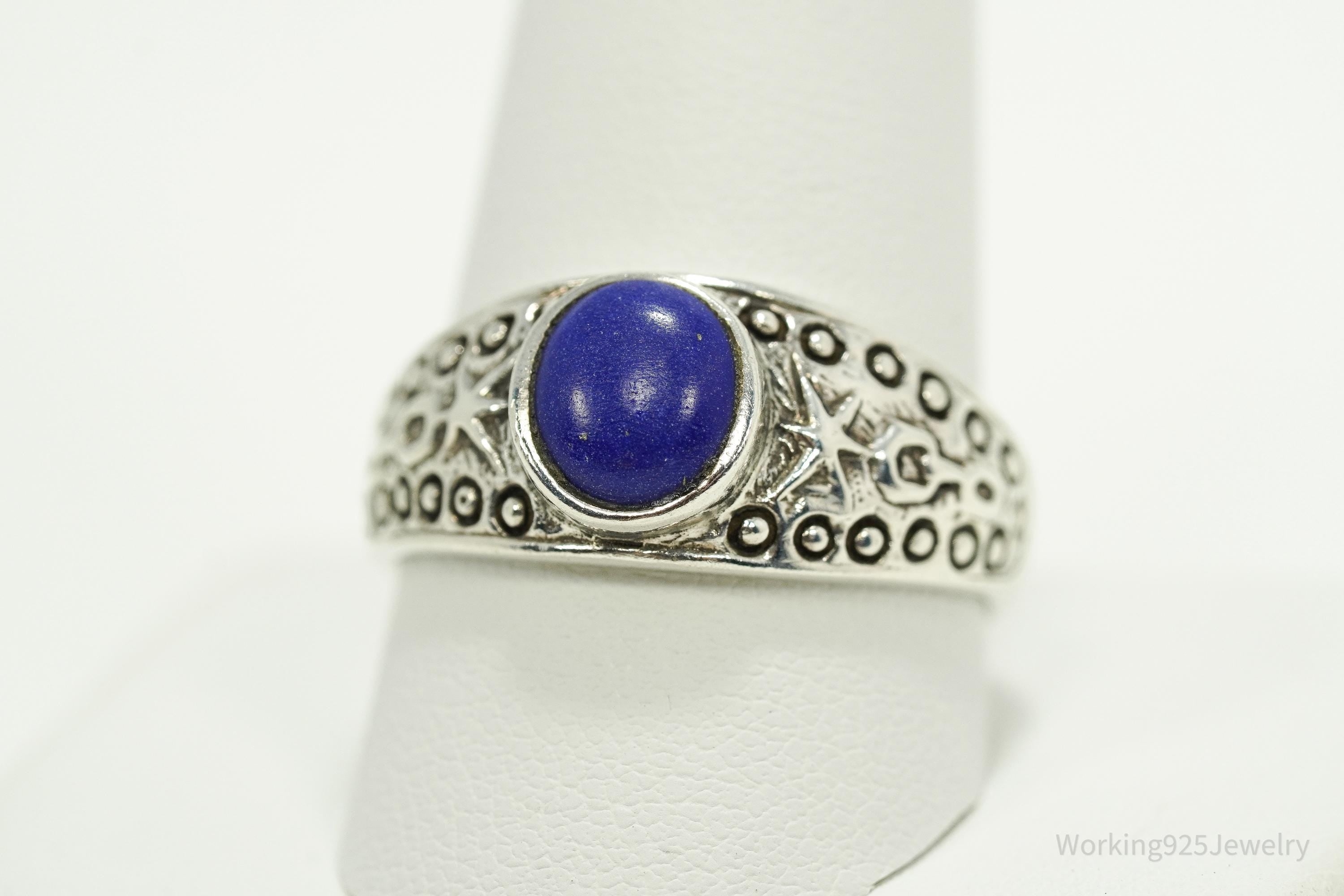 Vintage Lapis Lazuli Viking Style Sterling Silver Ring - Size 11.25