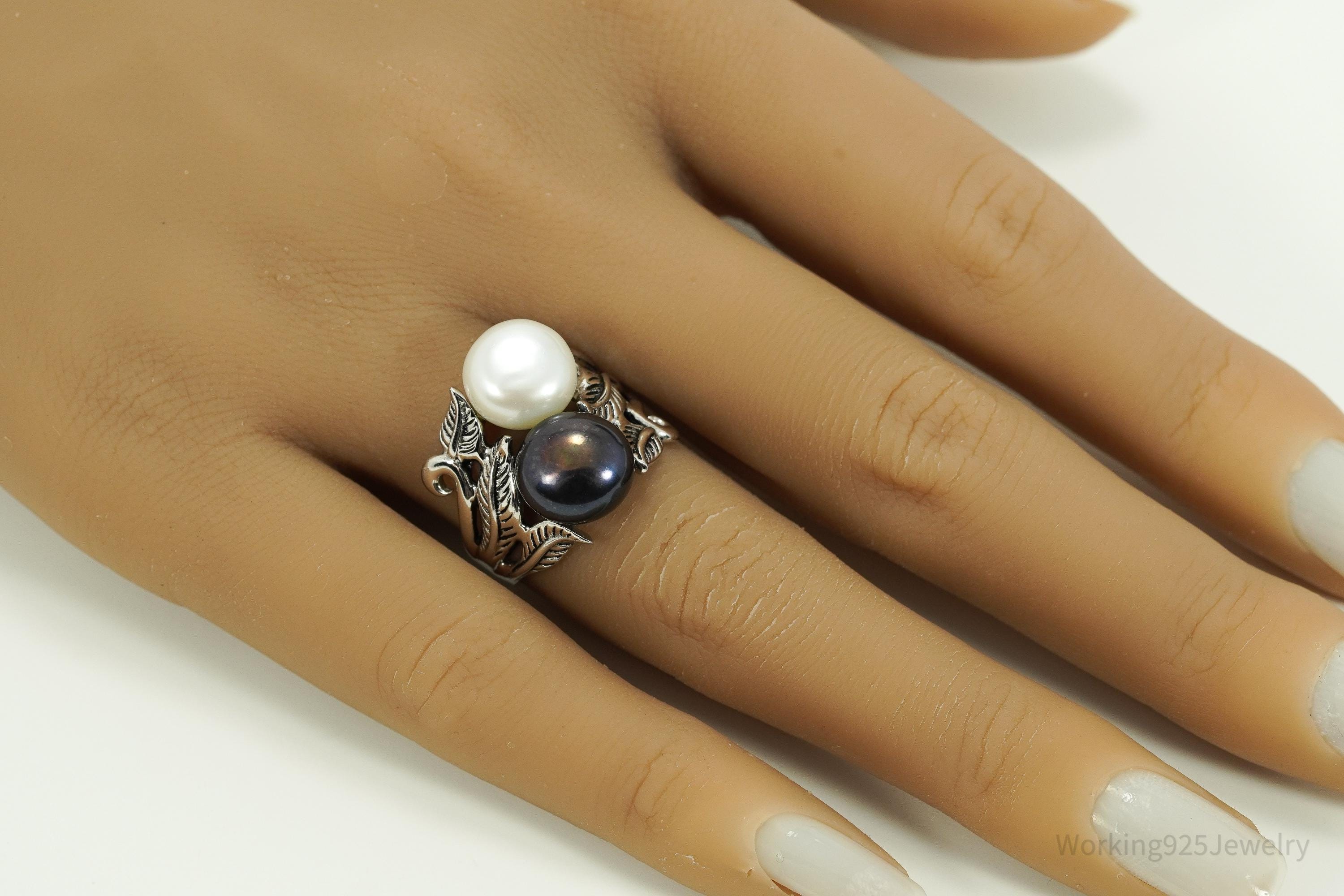 Vintage Designer CFJ White & Tahitian Pearl Sterling Silver Ring Size 7.25