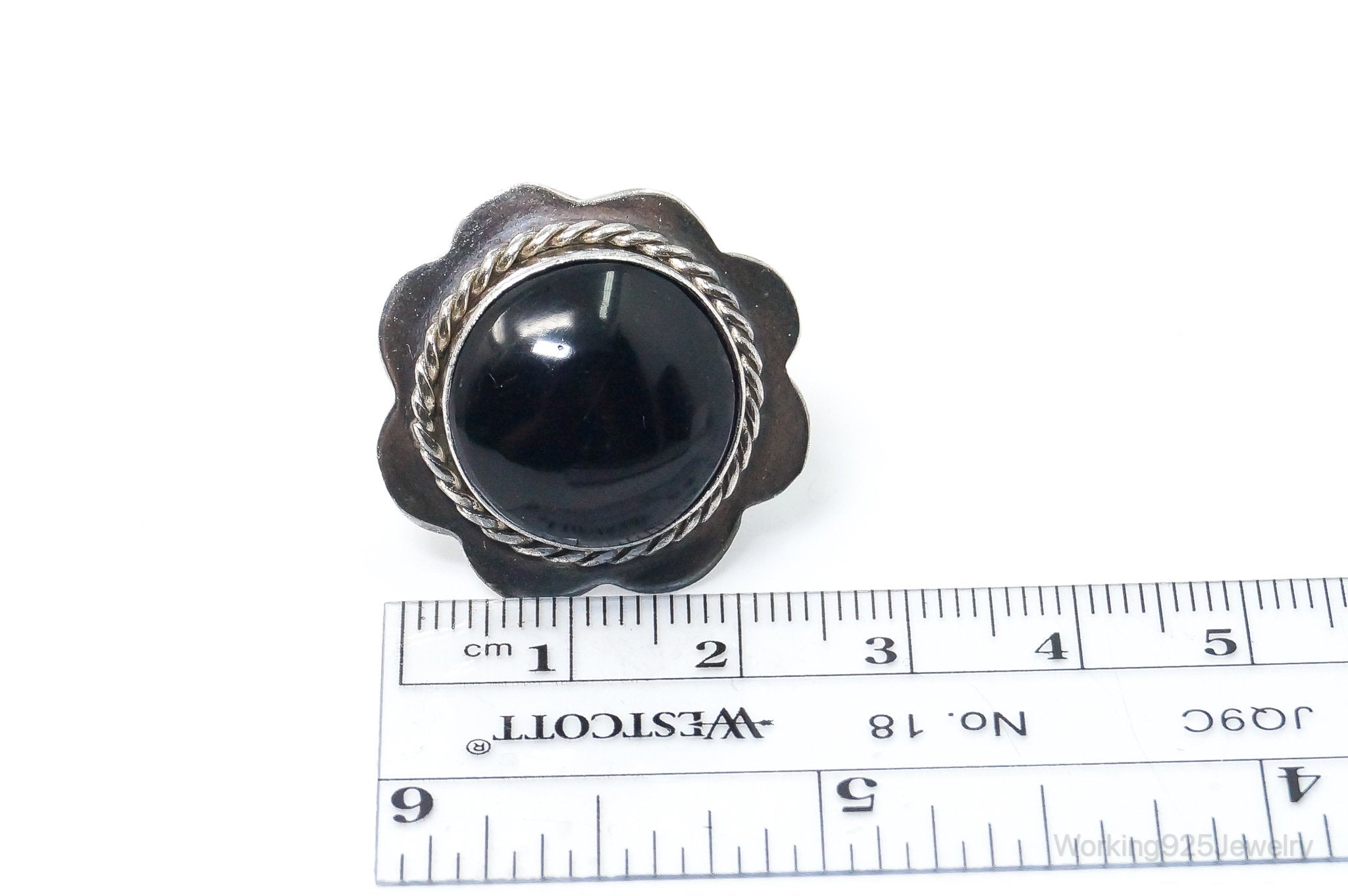 Vintage Mexico Large Black Onyx Flower Sterling Silver Ring SZ 8.5 Adjustable