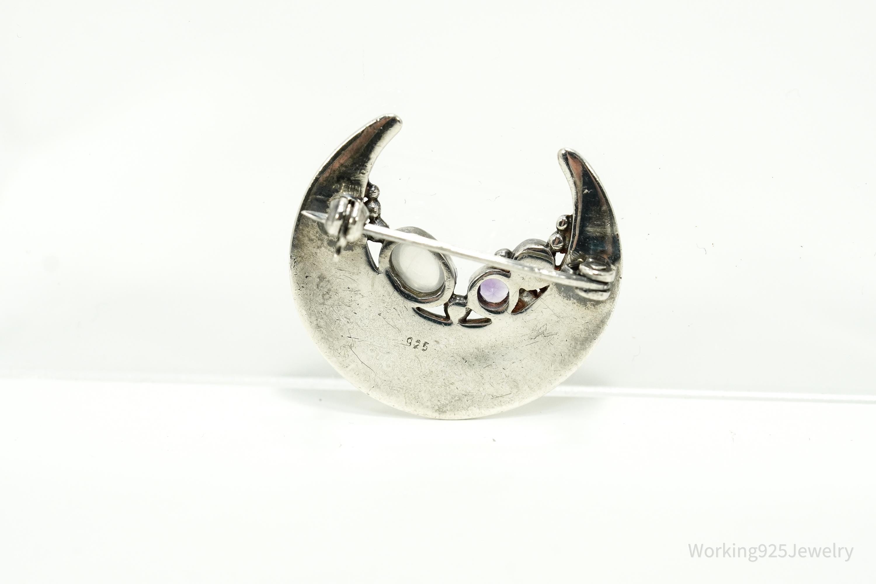 Vintage Amethyst & Moonstone Moon Sterling Silver Brooch Pin
