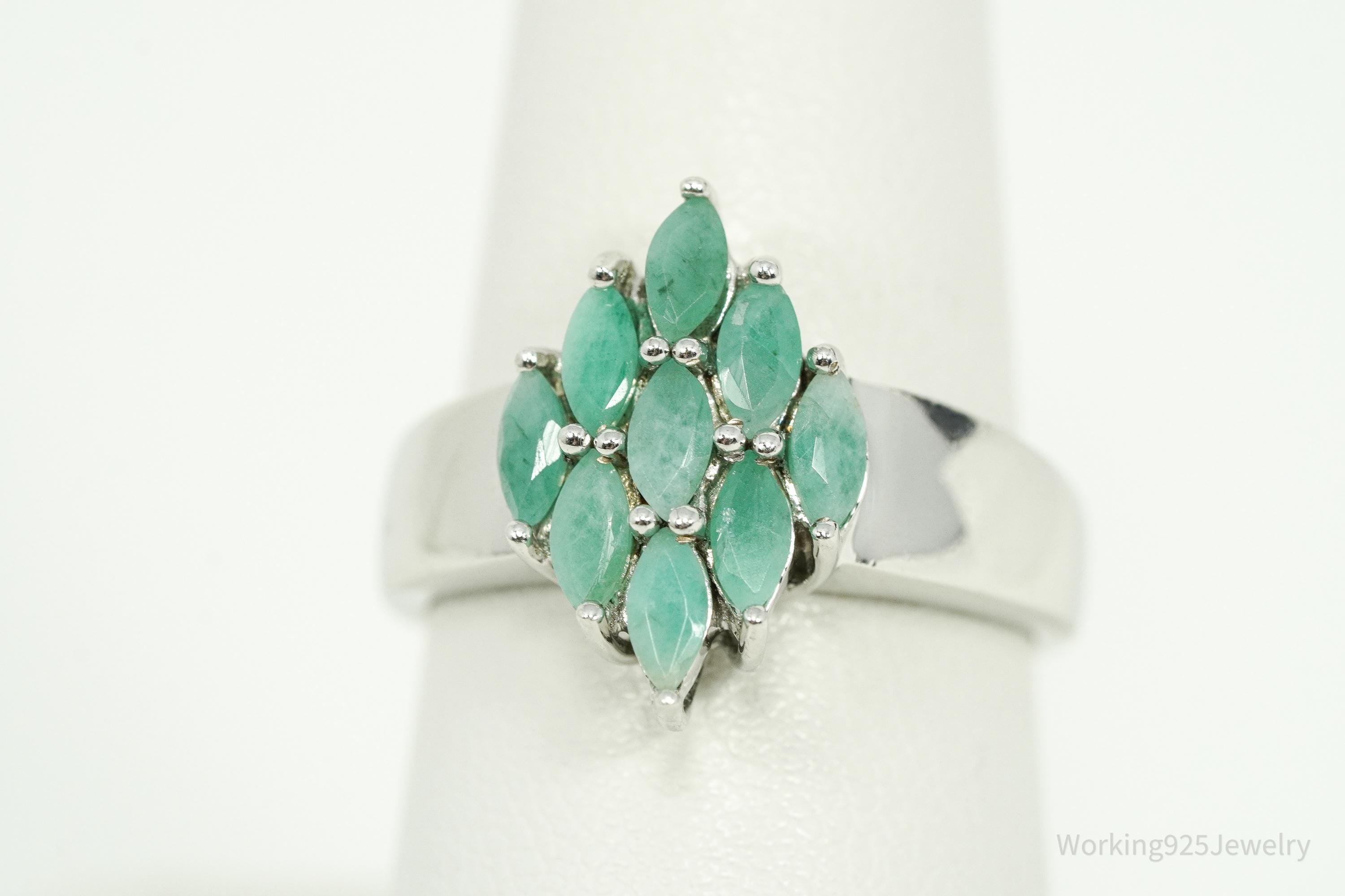 Vintage QJ Green Emerald Sterling Silver Ring - Size 8