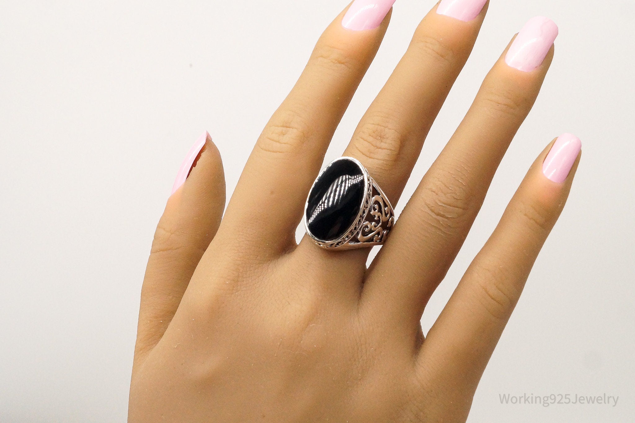 Vintage Large Black Onyx Sterling Silver Ring - Size 9.25