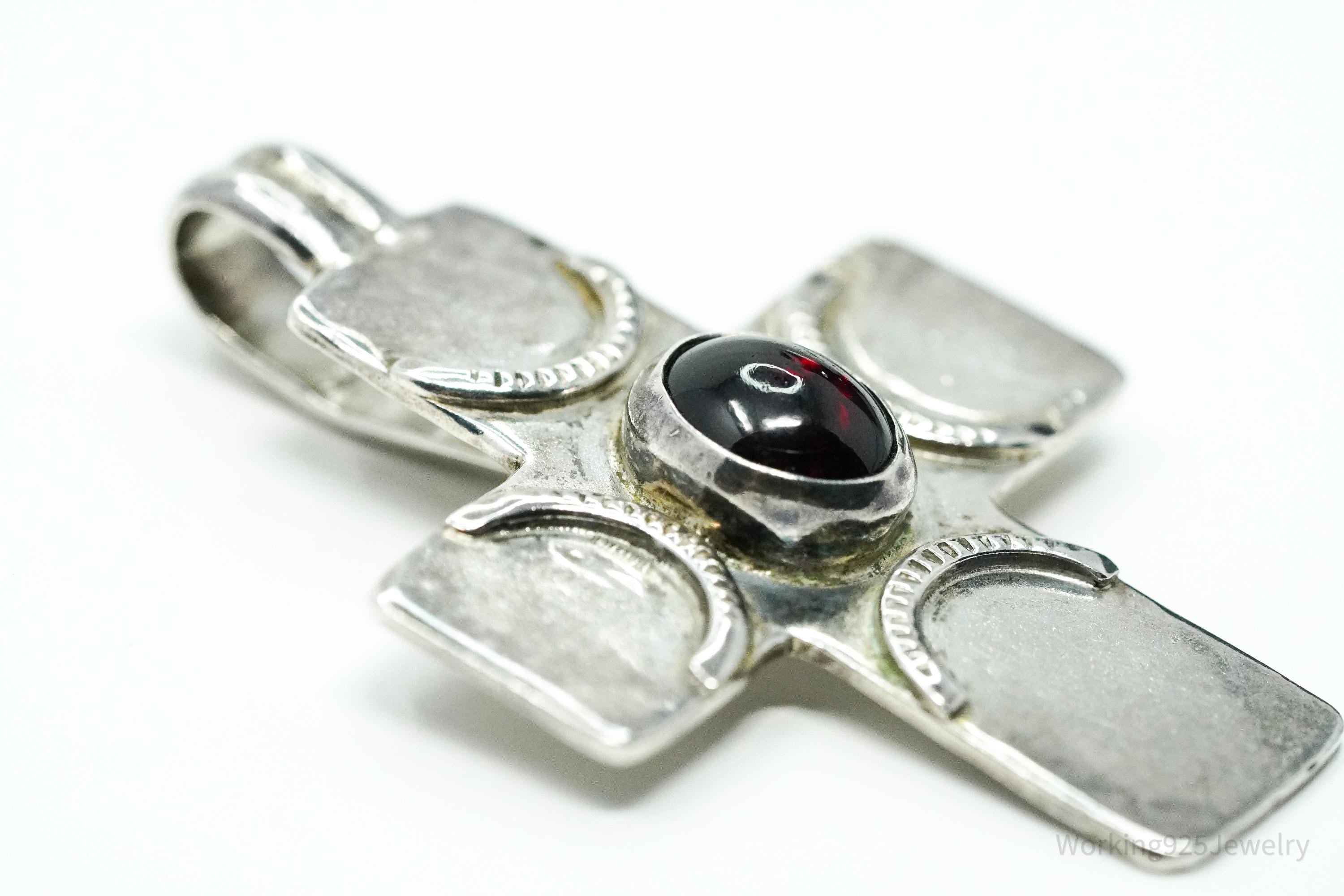 Large Vintage Rhodolite Garnet Silver Cross Pendant