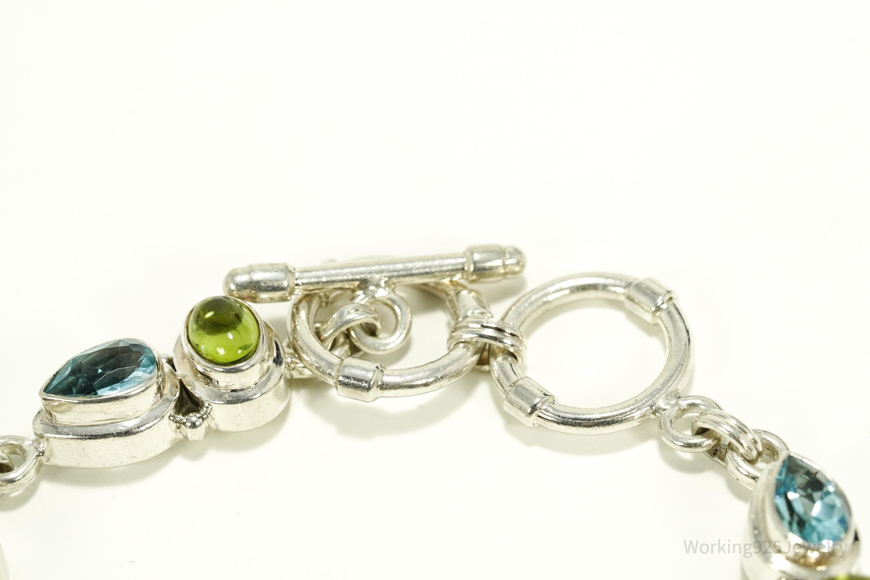 Vintage Blue Topaz & Peridot Sterling Silver Toggle Bracelet 8 1/8"