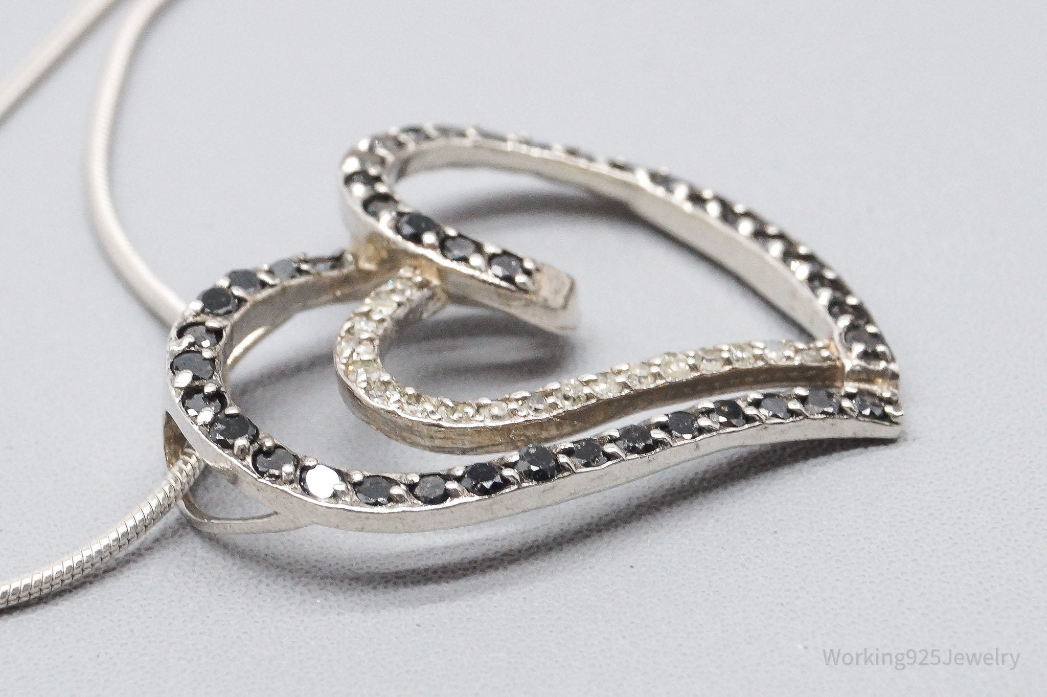 Vintage Black & White Diamond Heart Sterling Silver Necklace 24"