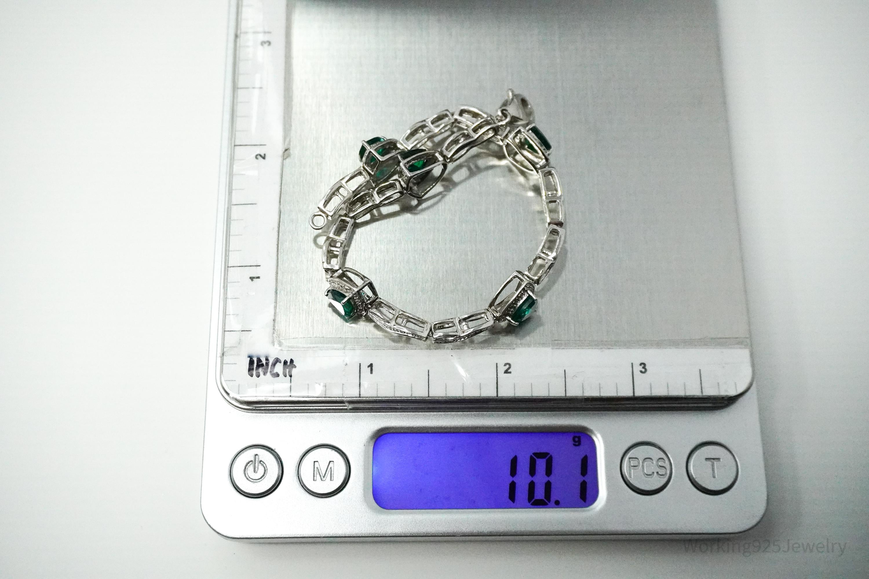 Vintage JWBR Lab Emerald & Single Diamond Sterling Silver Bracelet 7.25"