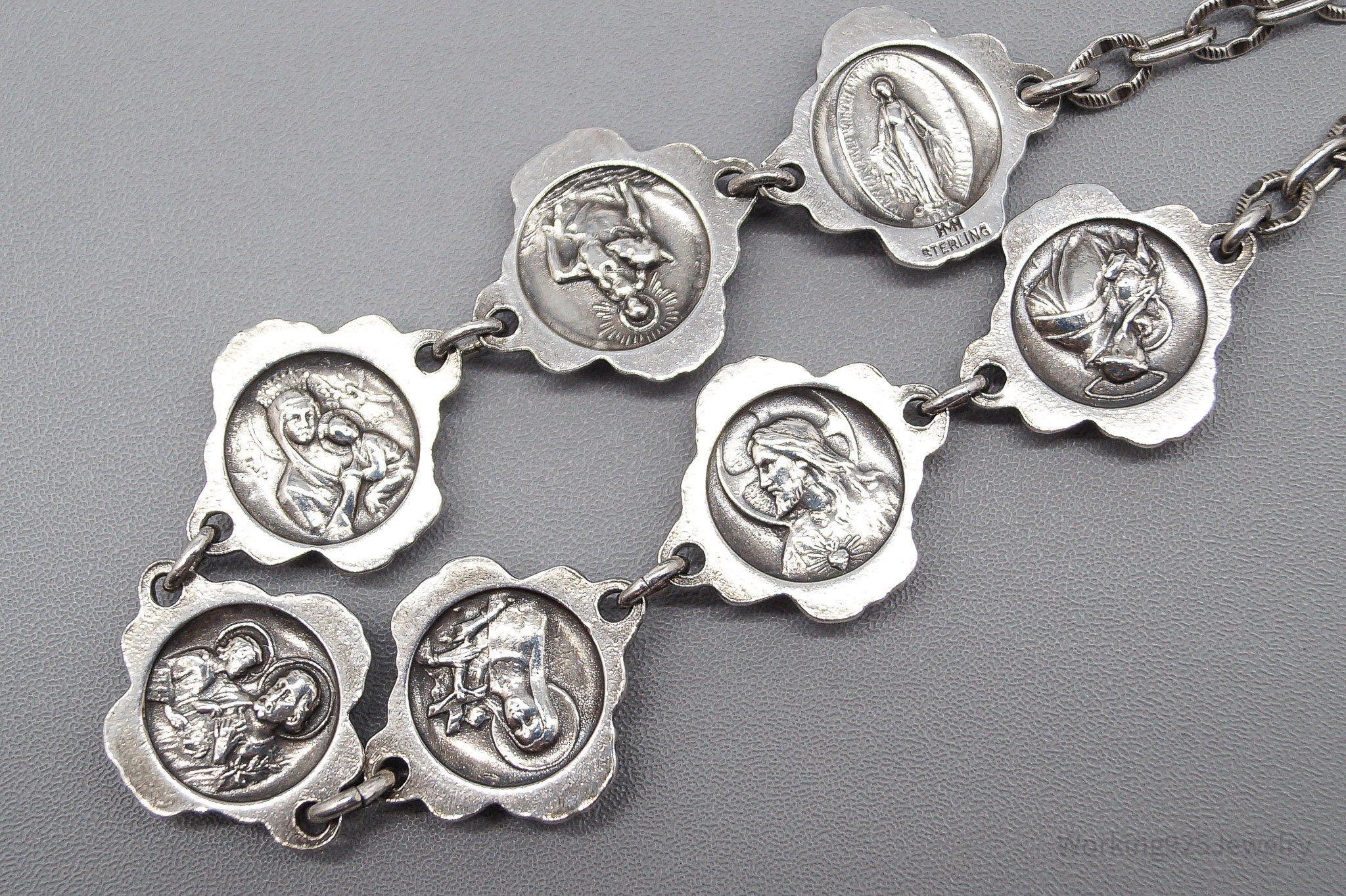 Antique Rosary Roses Mary & Saints Sterling Silver Bracelet - 7 7/8"