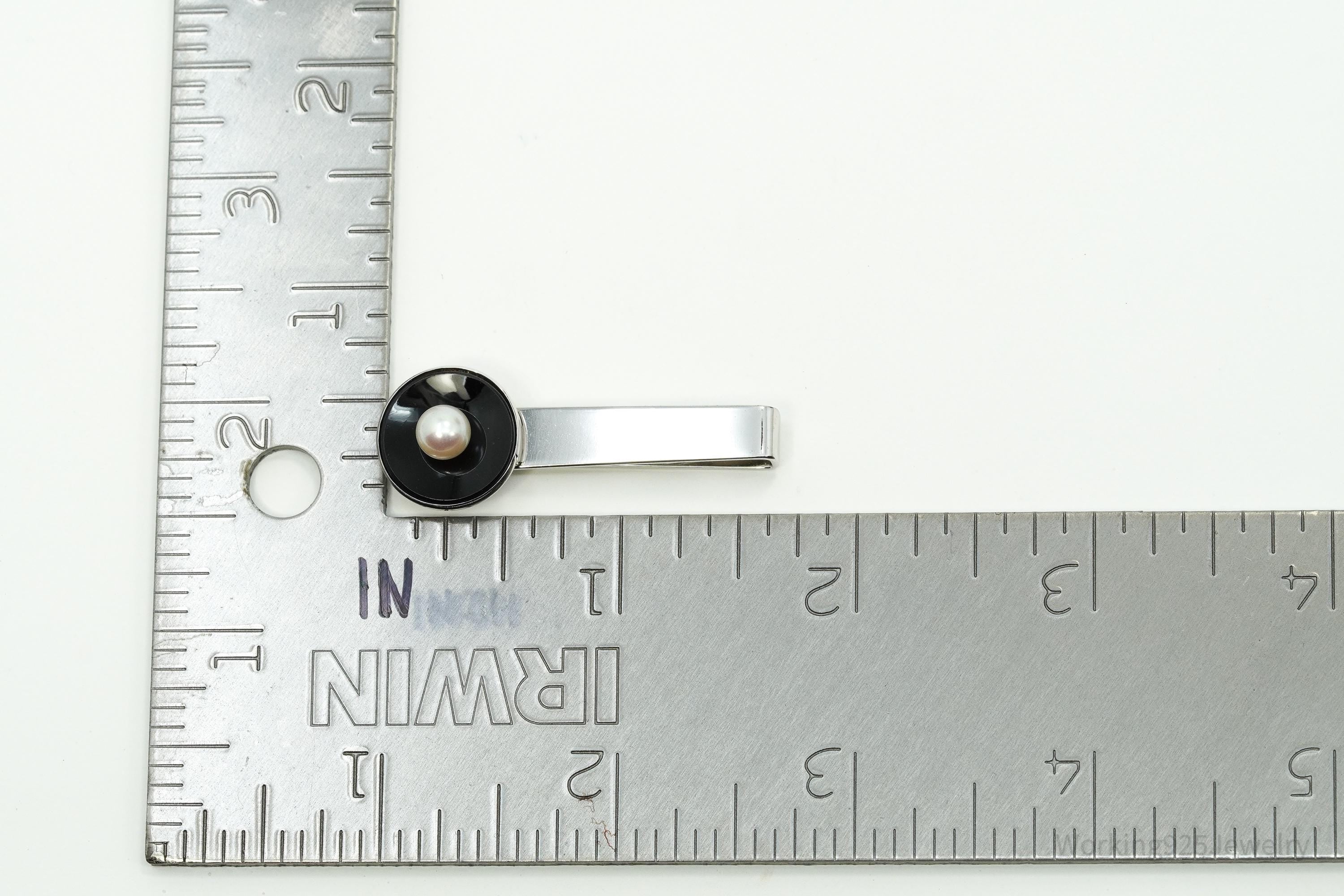 Vintage Designer CARIBE Pearl & Onxy Sterling Silver Tie Bar Clip
