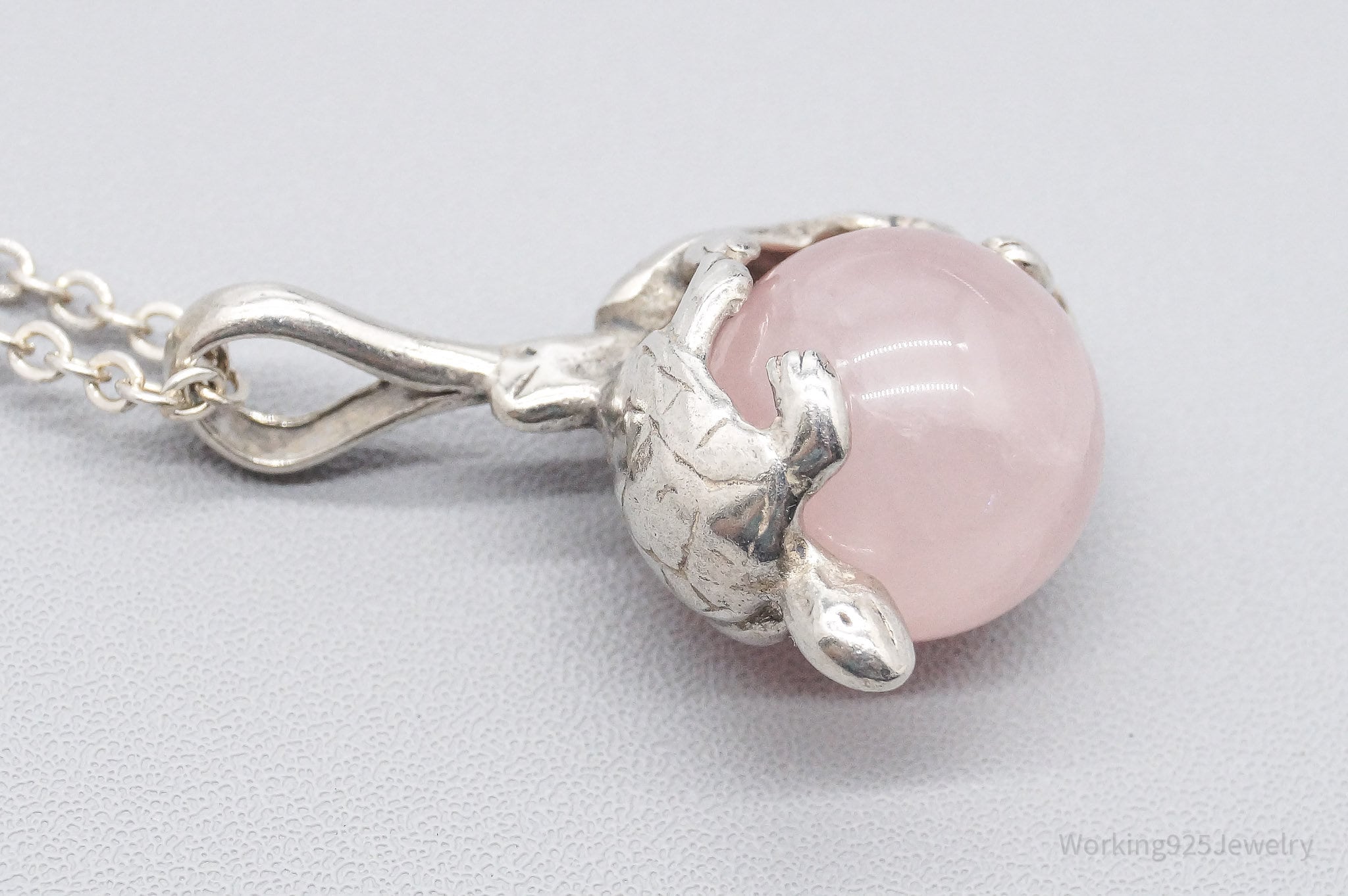 Vintage Sea Turtles & Rose Quartz Sterling Silver Necklace 20"