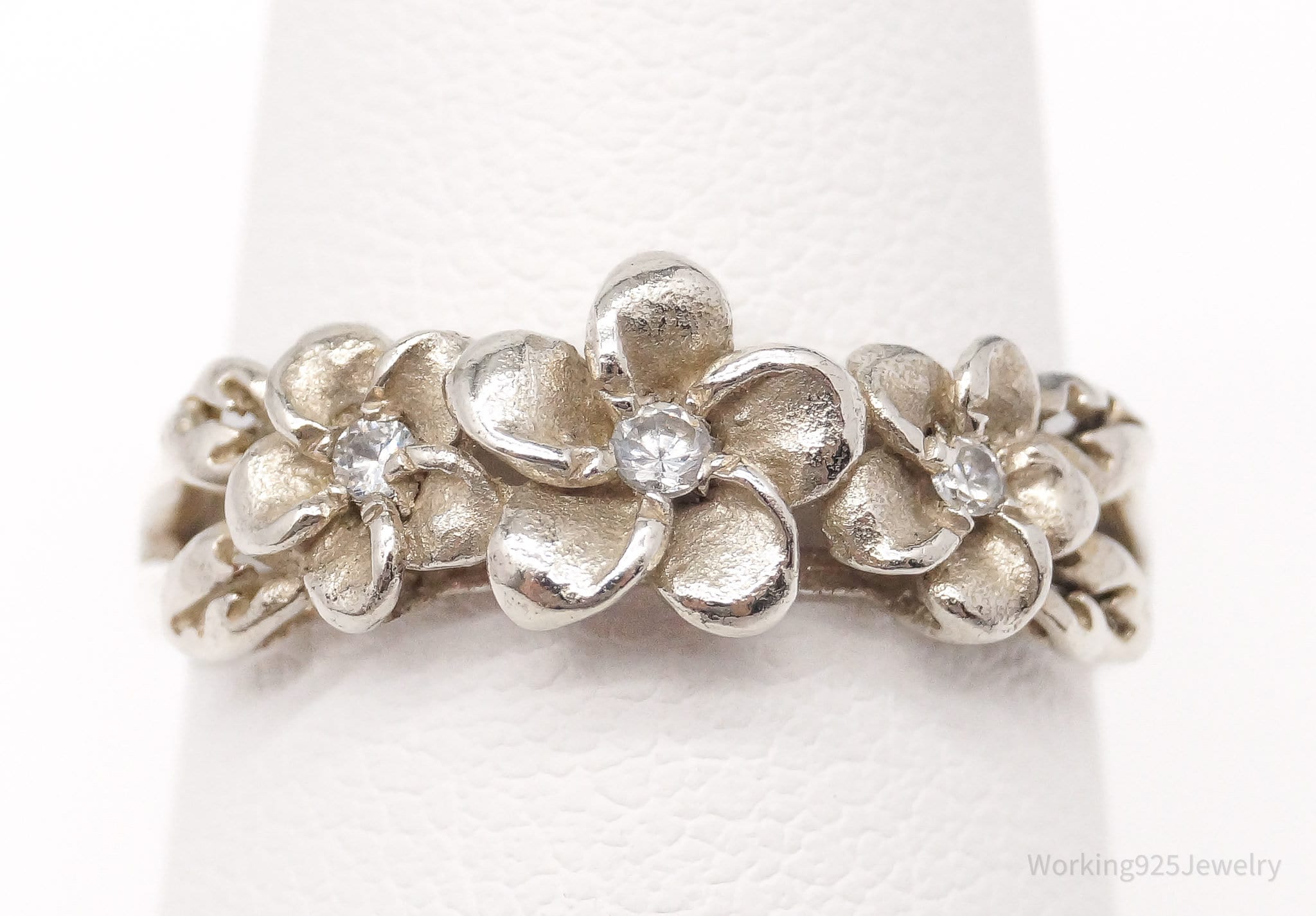 Vintage Cubic Zirconia Flowers Sterling Silver Ring - Size 7