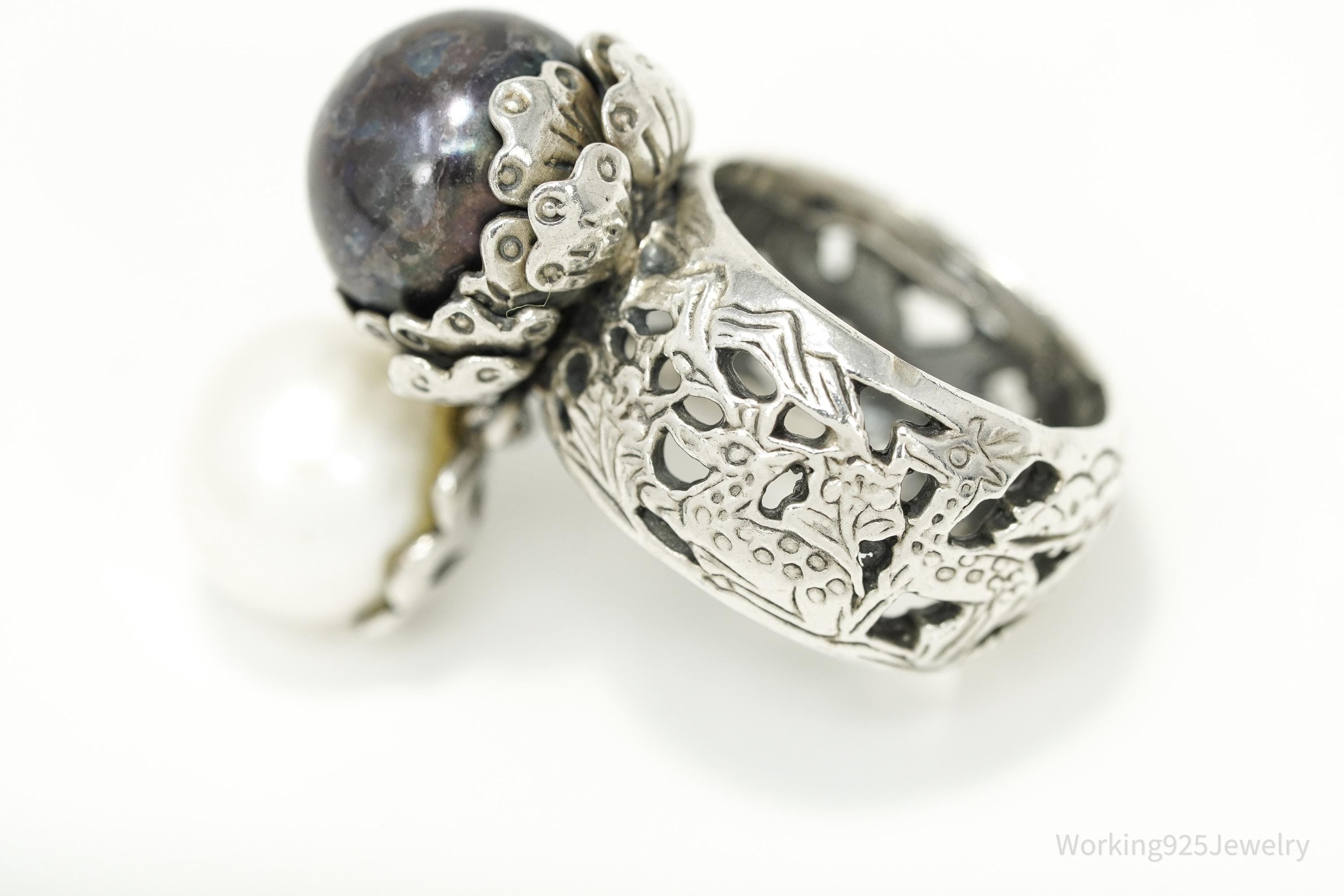 Vintage White & Tahitian Pearl Silver Ring Size 5.75