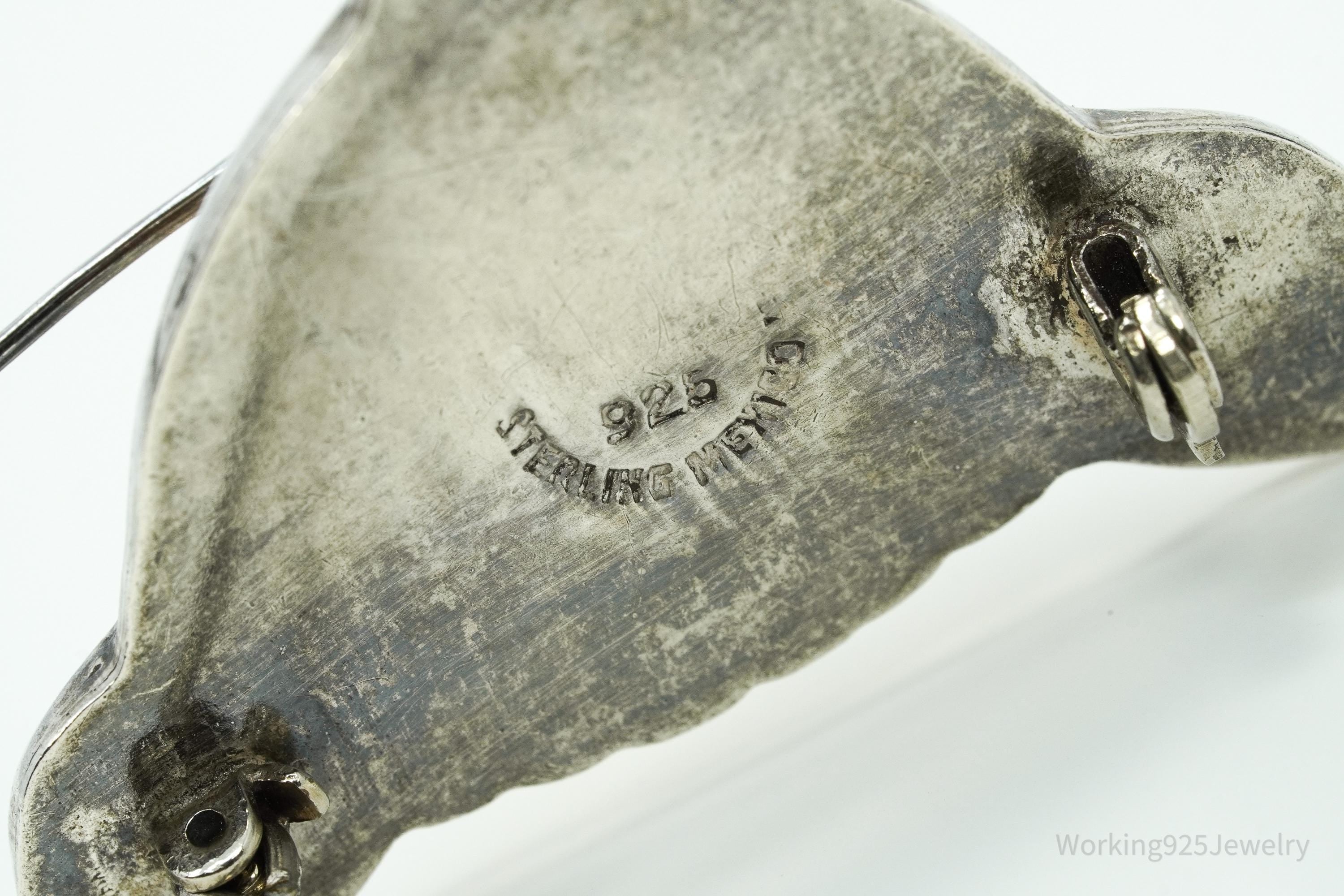 Large Vintage Mexico Amber Eyes Cat Head Sterling Silver Brooch Pin