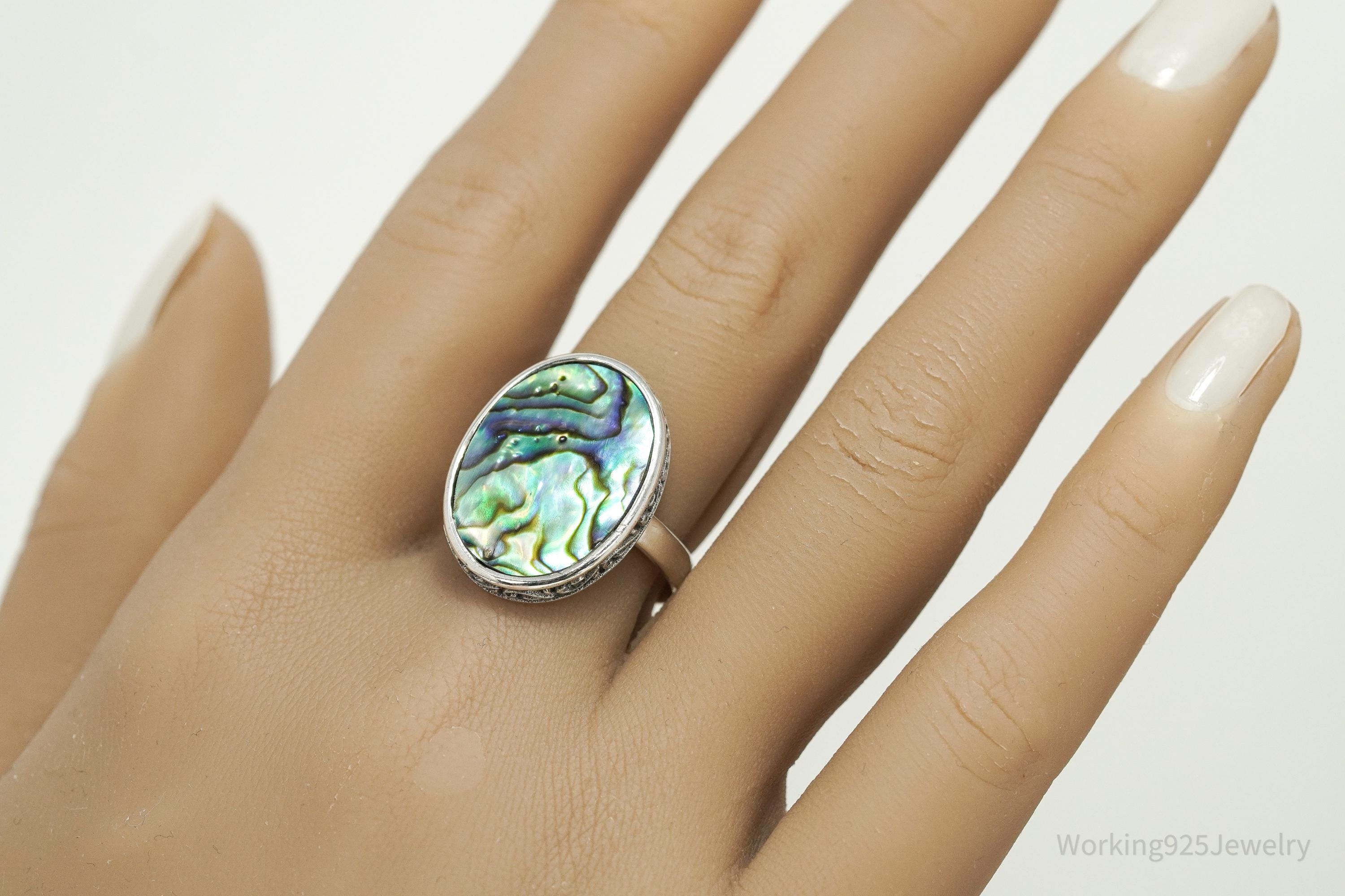Vintage Sterling Silver Statement Ring • Large Paua Abalone Shell Inlay Size 9