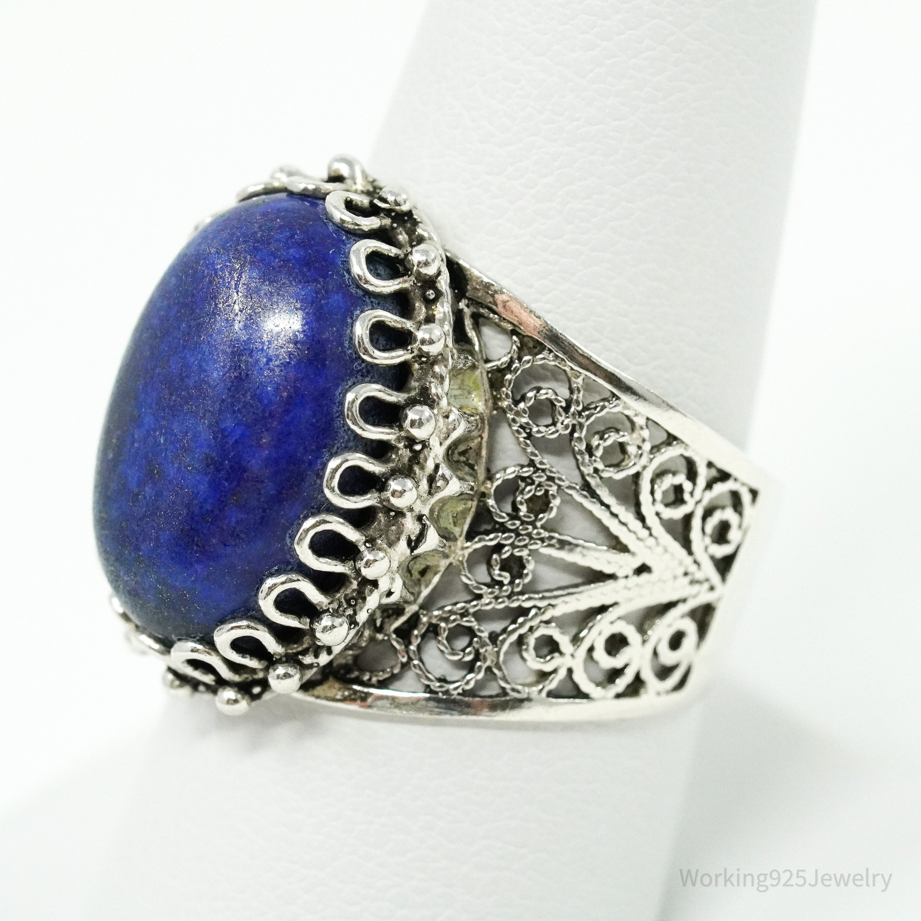 Vintage Designer DGS Lapis Lazuli Filigree Sterling Silver Ring - Size 9