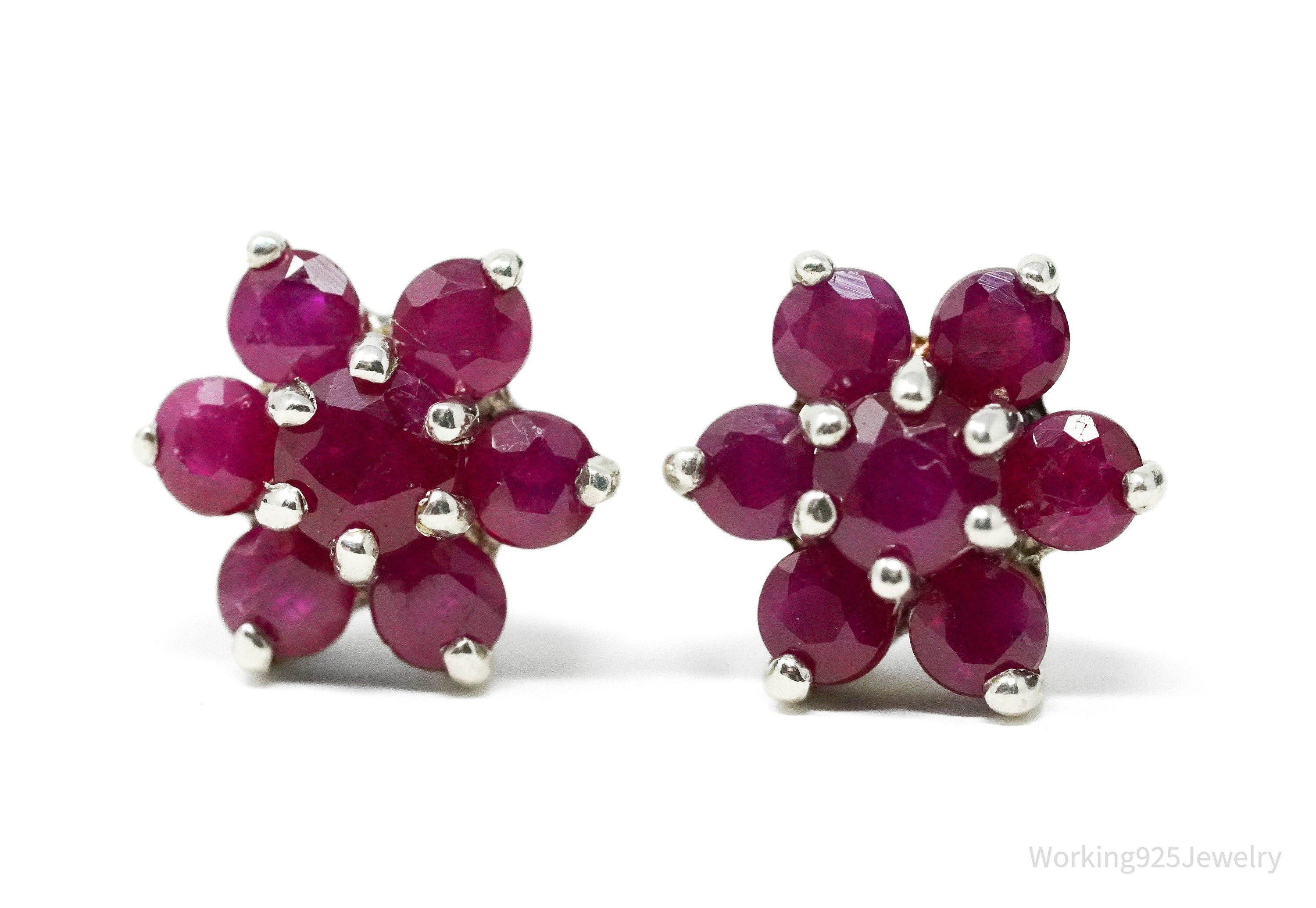 Vintage Ruby Flower Silver Earrings