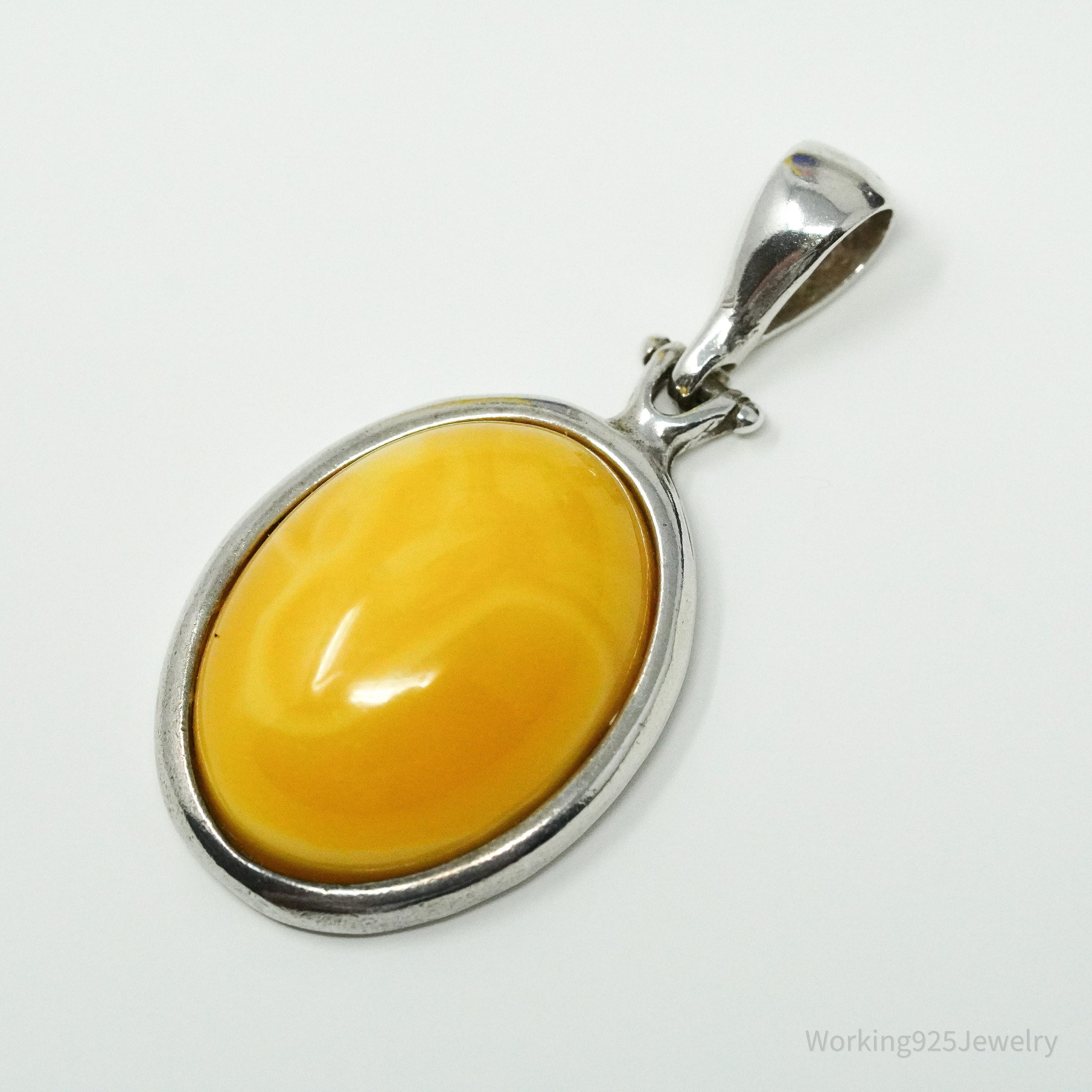 Vintage Yellow Amber Modernist Sterling Silver Necklace Pendant